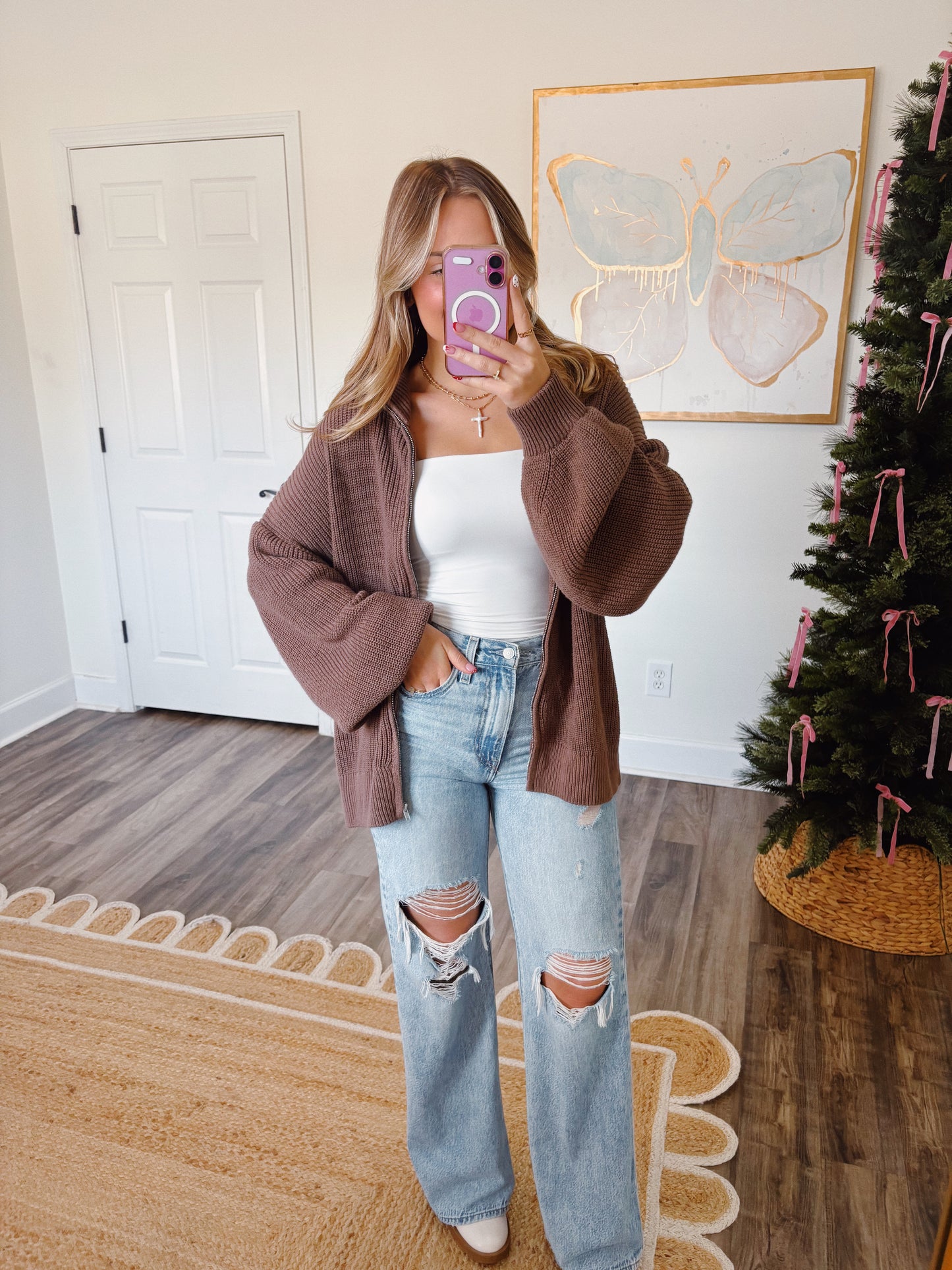 Brown Oversized Zip Up Sweater