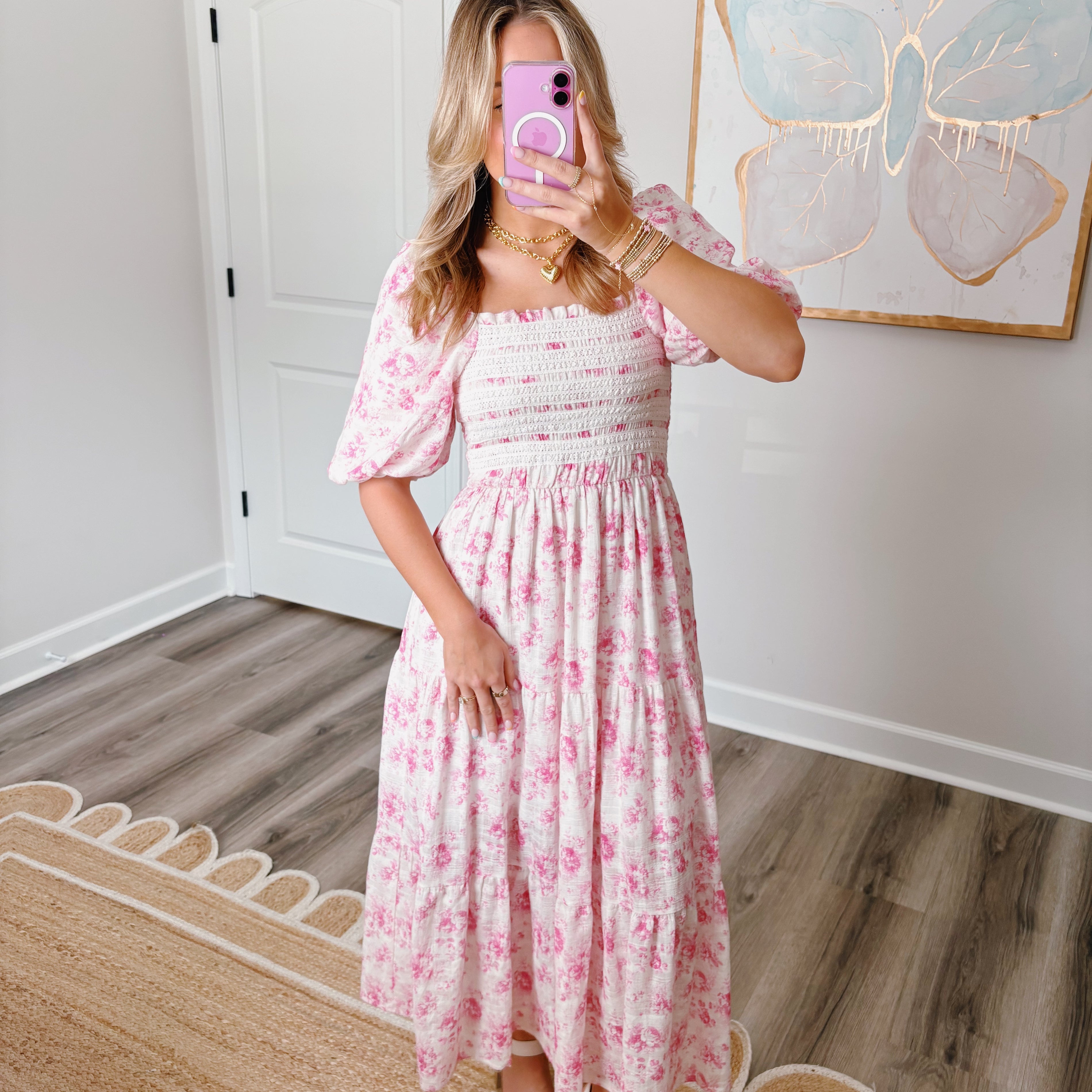Smocked Lace Maxi Dress Pink