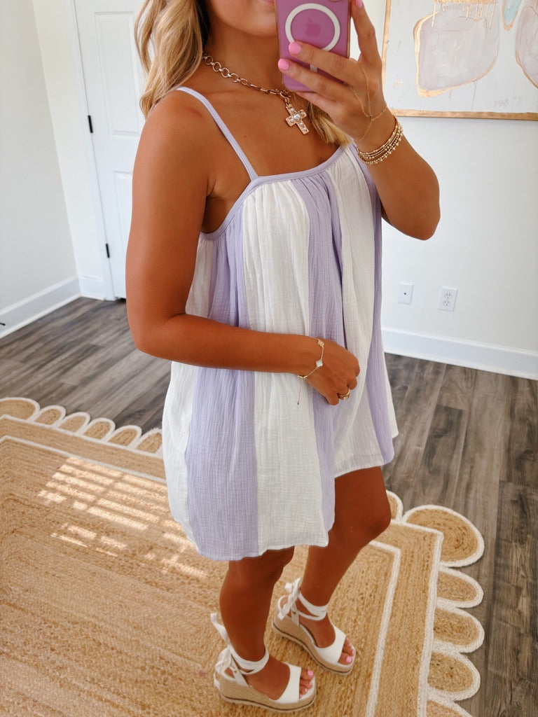 Striped Varsity Romper- Purple and White