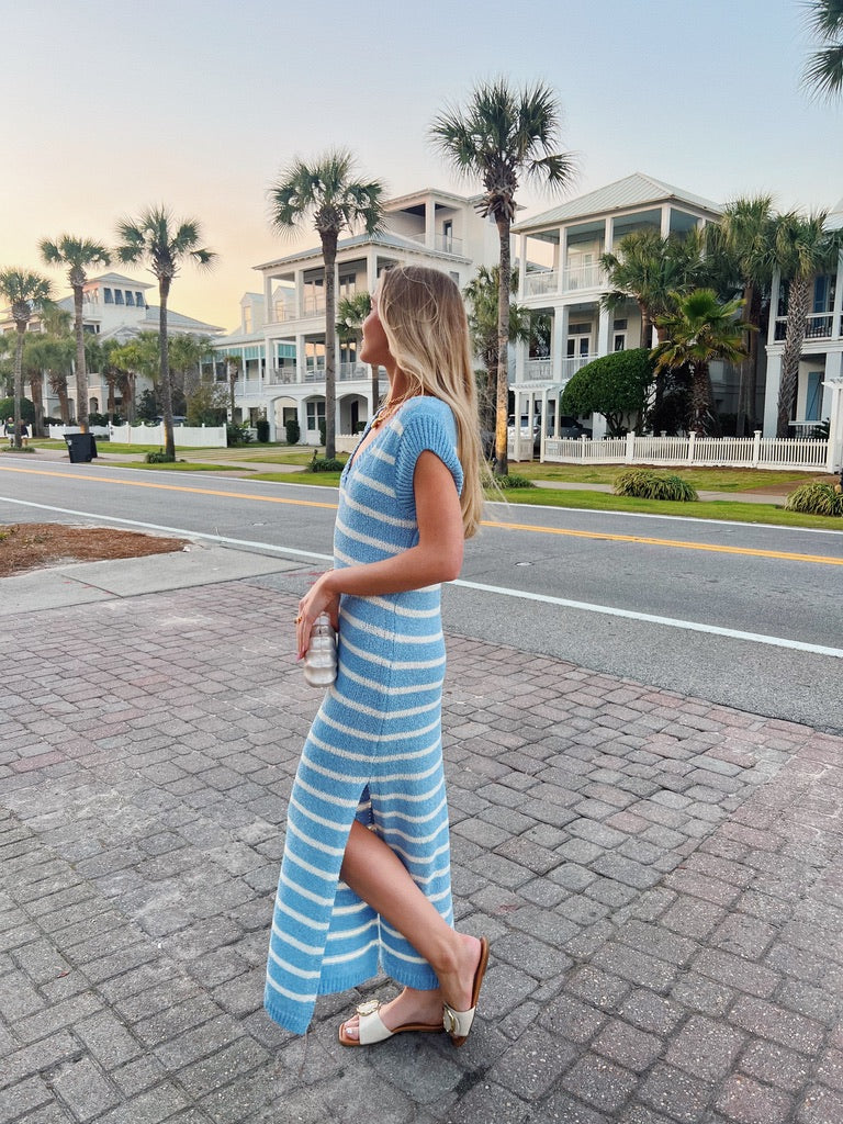 Beachside Striped Maxi Dress Blue