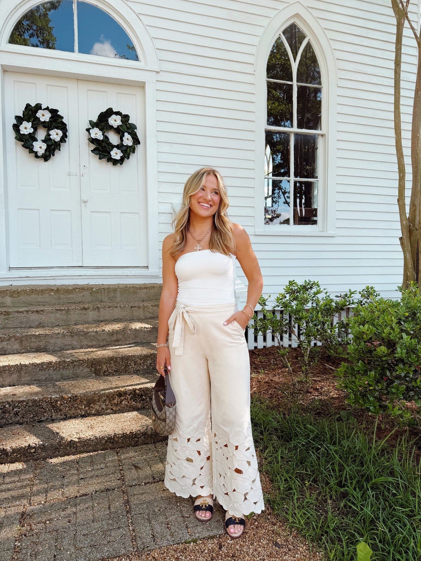 Linen Embroidered Tie Pants