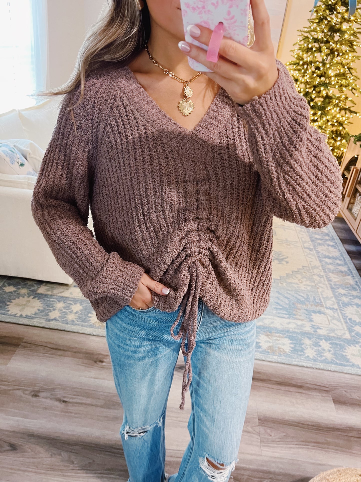 Reversible Mocha Drawstring Sweater