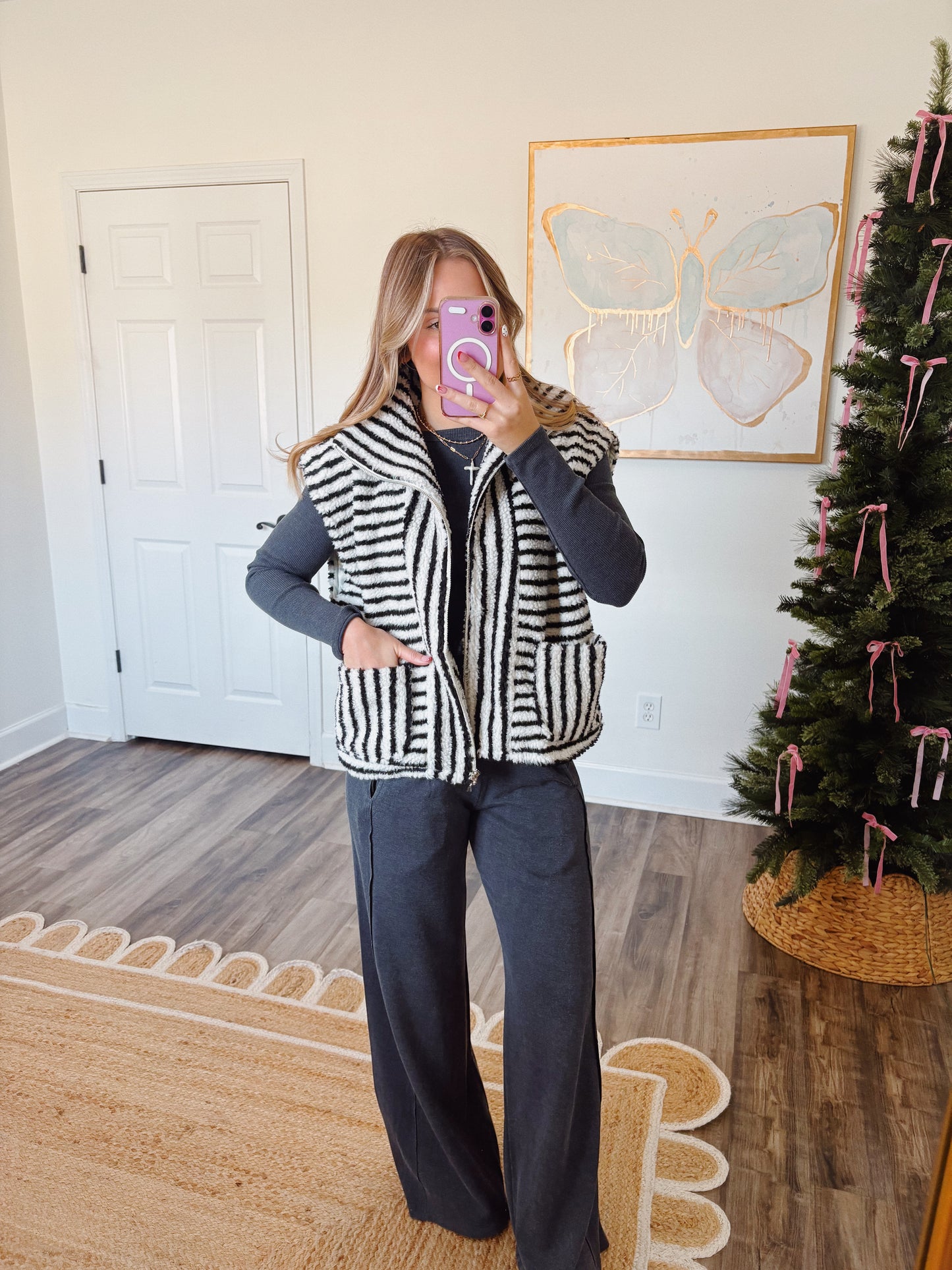 Black Striped Sherpa Vest