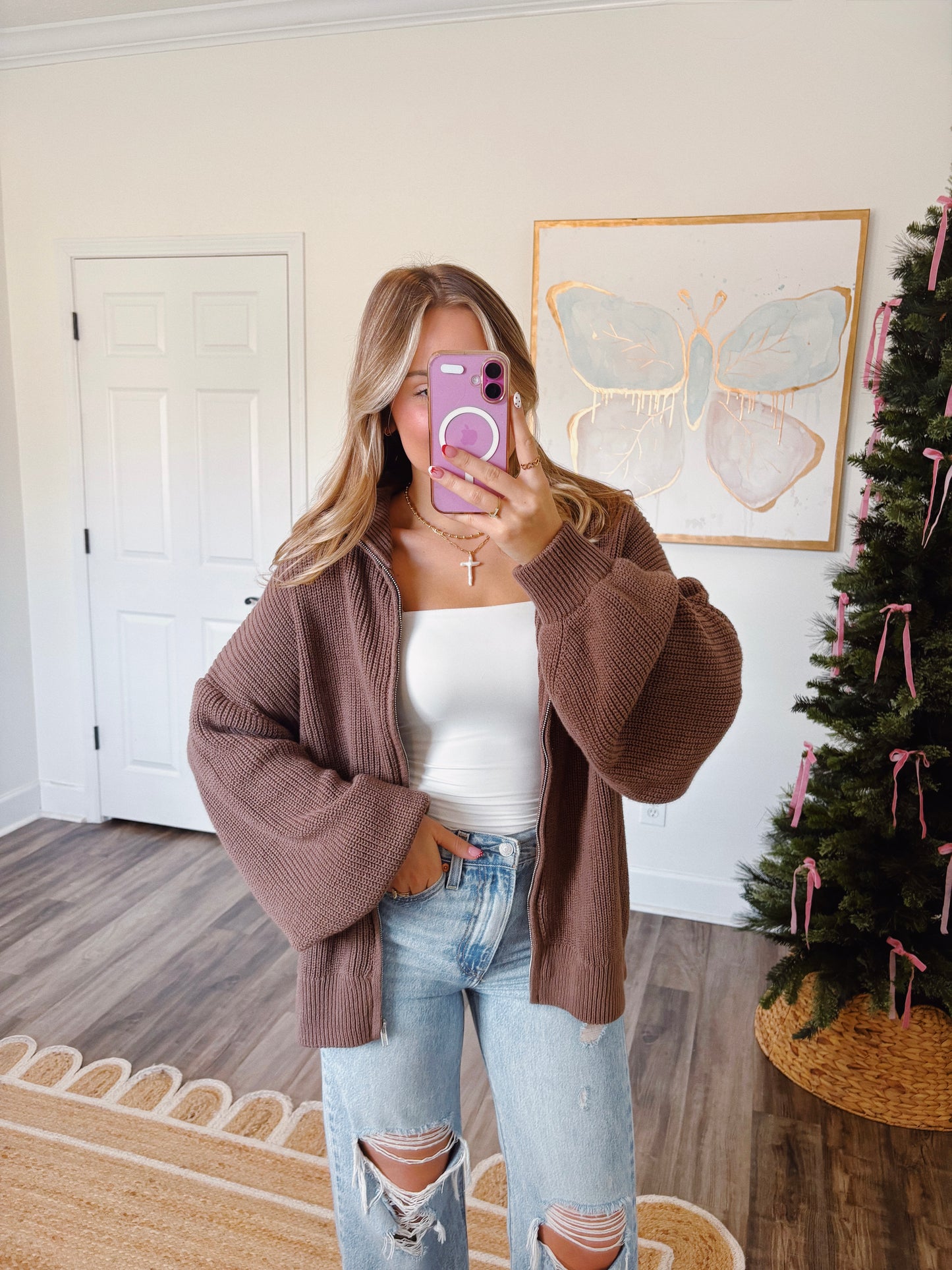 Brown Oversized Zip Up Sweater