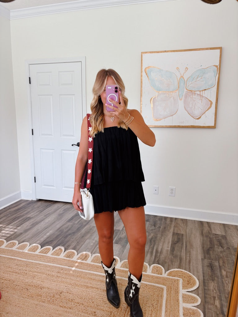 Black Pleated Strapless Romper