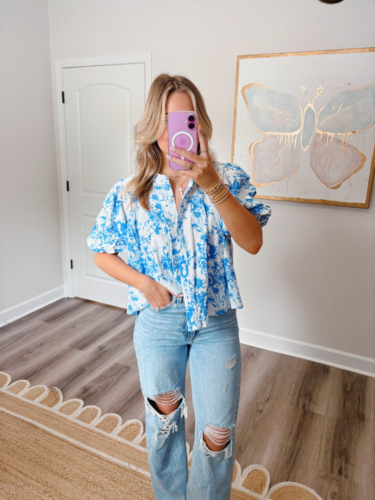 Blue Floral Button Up Top