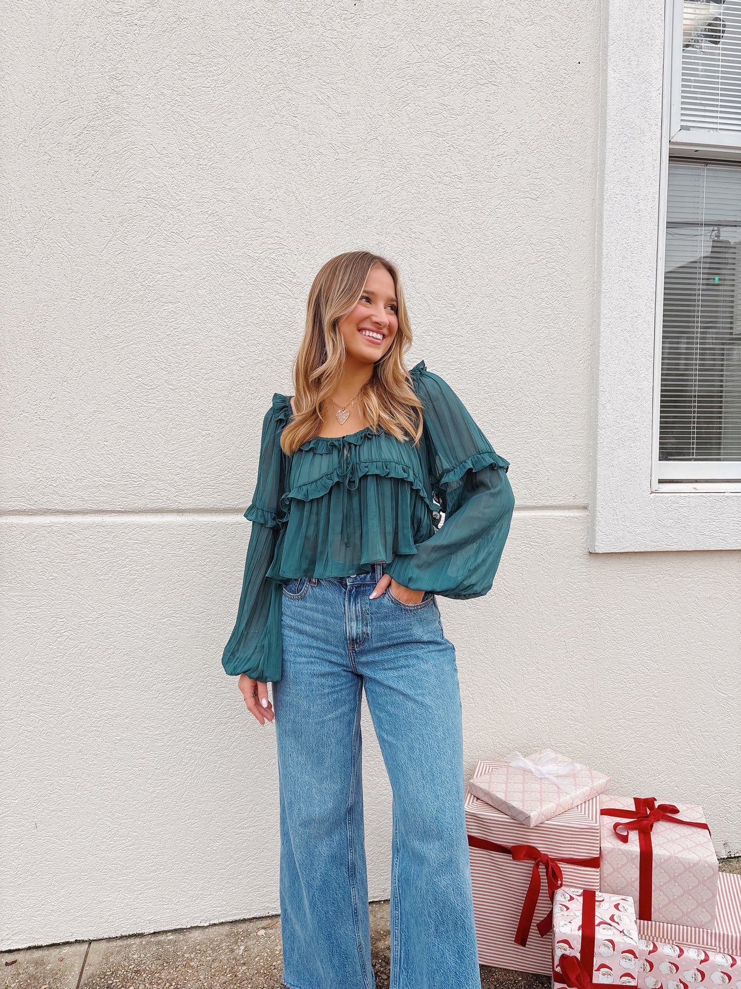 Dark Green Sheer Ruffle Blouse