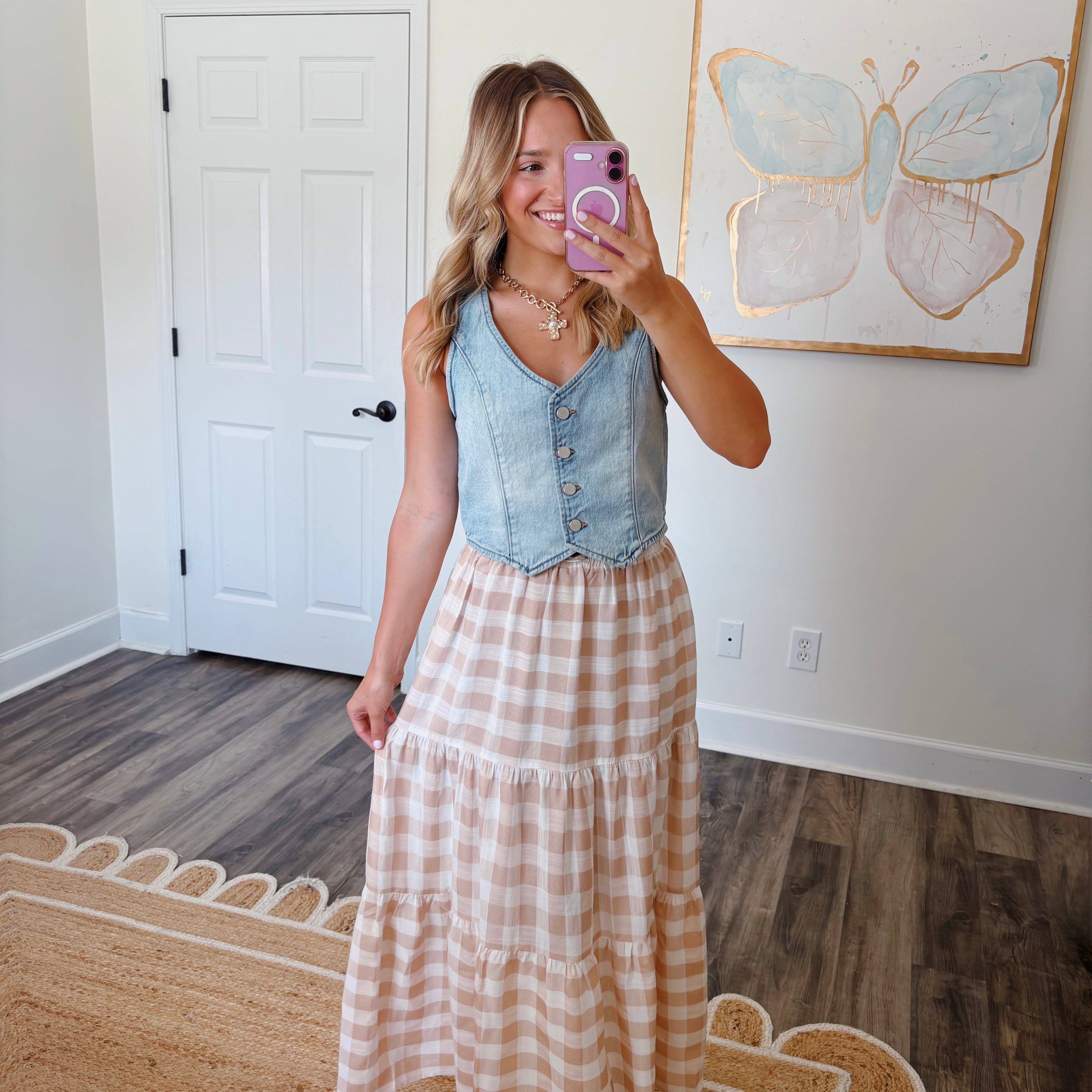 Taupe Gingham Maxi Skirt