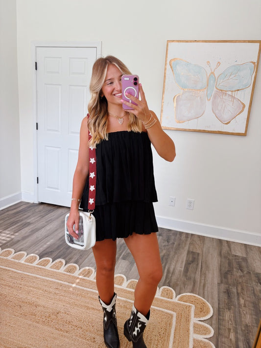 Black Pleated Strapless Romper