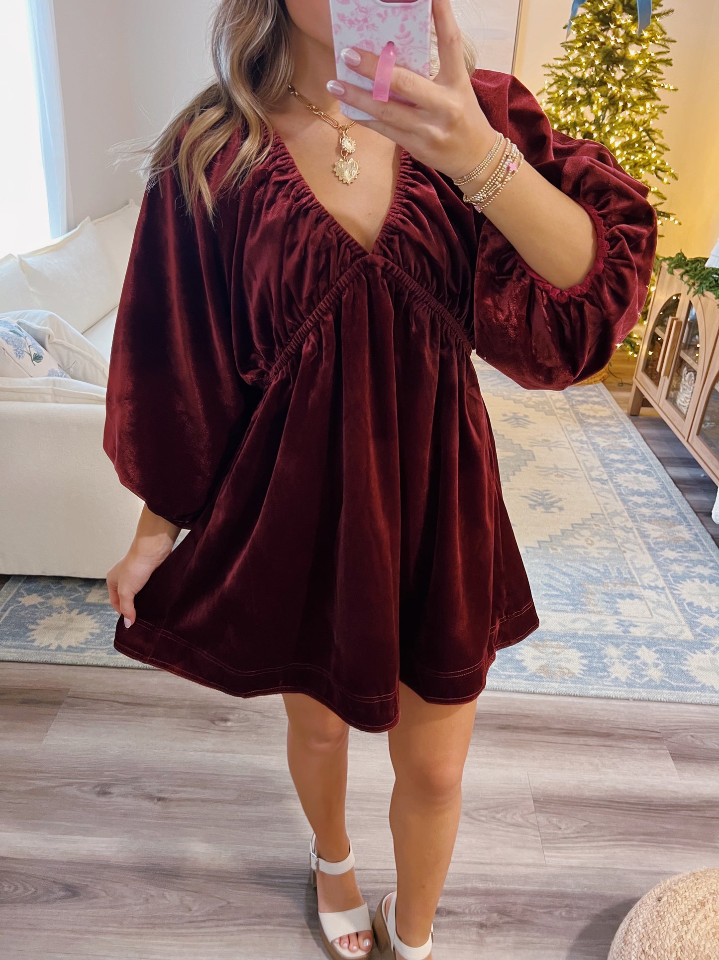 Velvet V-Neck Dress in Burgundy