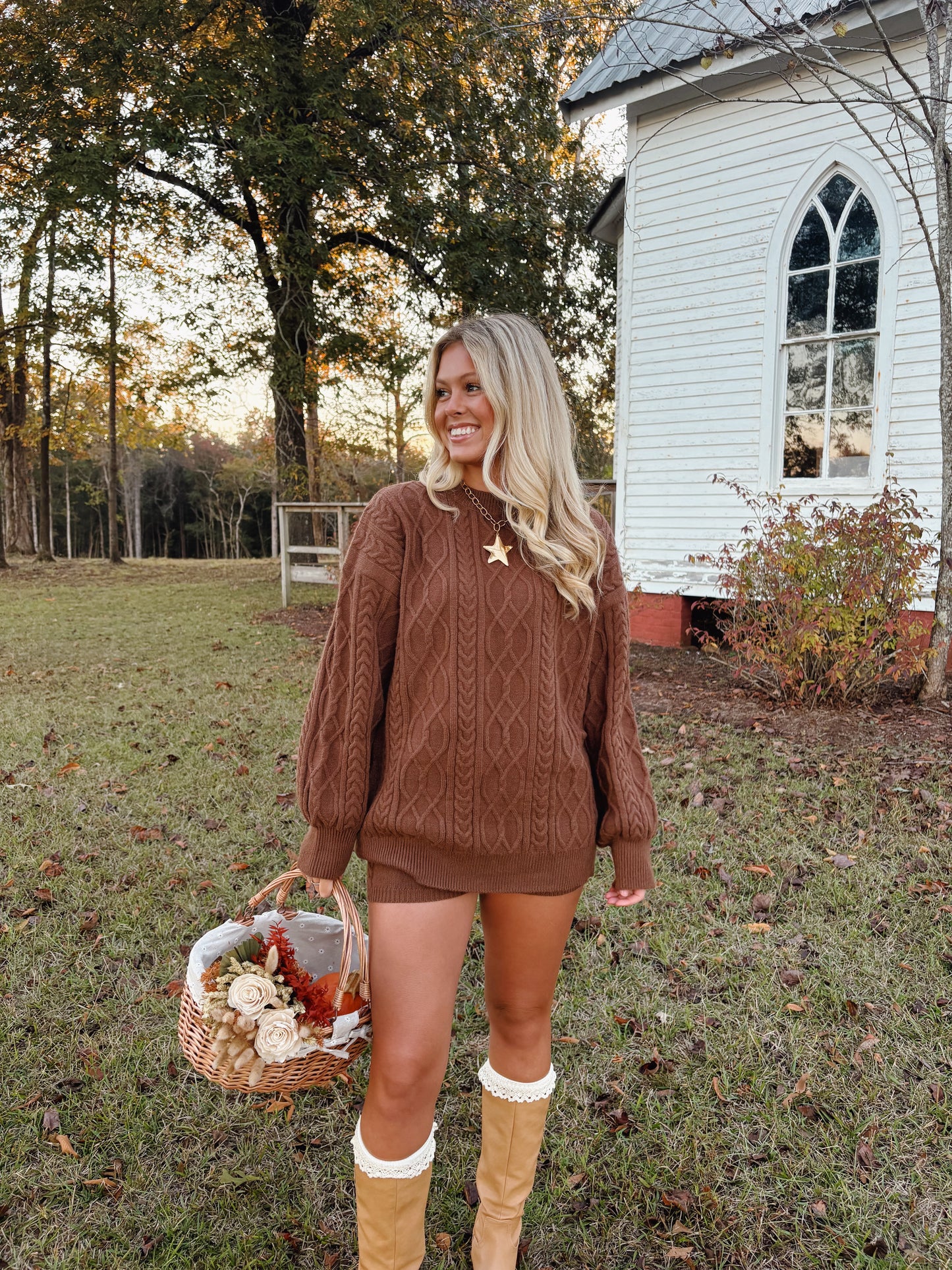 Cable Knit Sweater and Shorts Set in Cappuccino