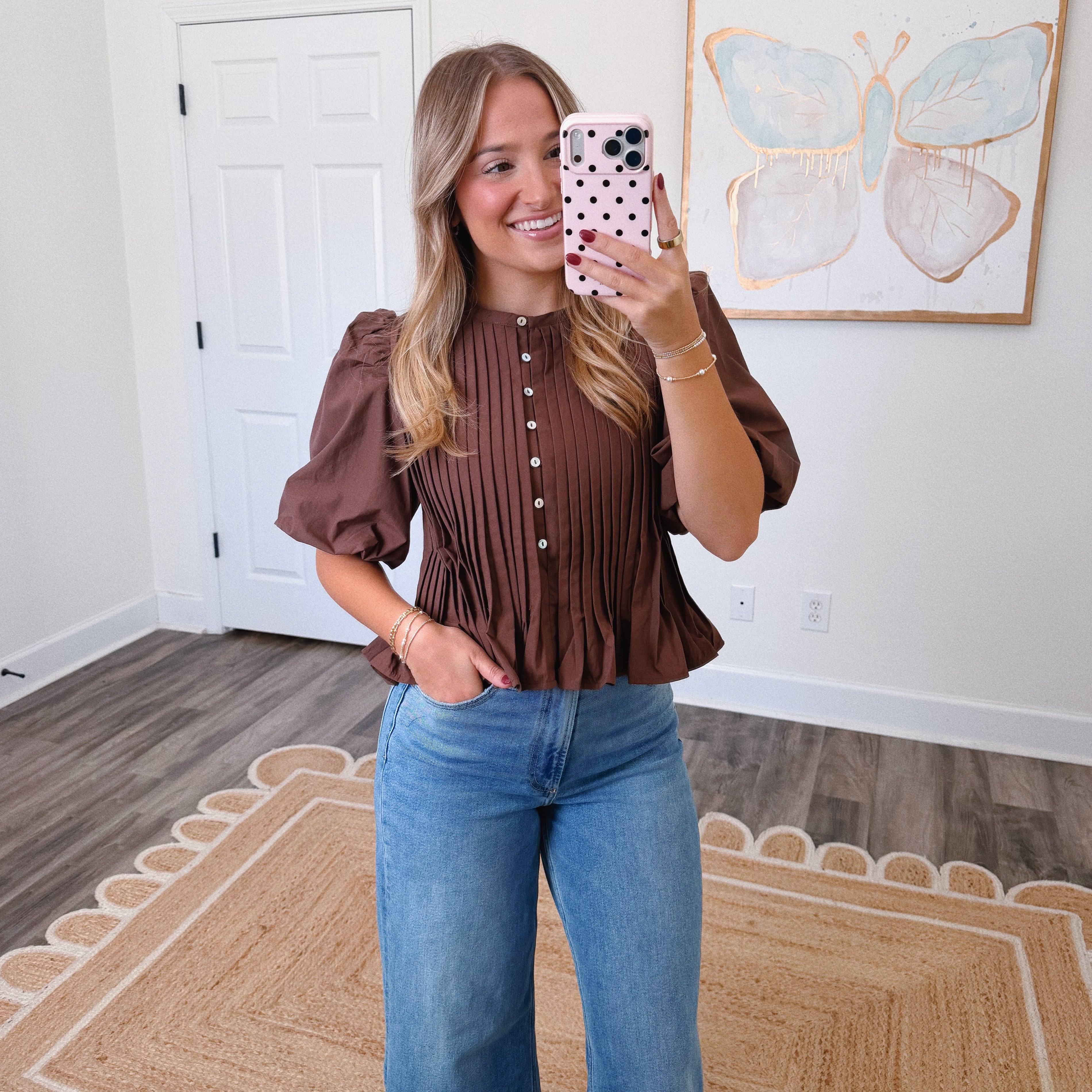 Brown Pleated Peplum Blouse