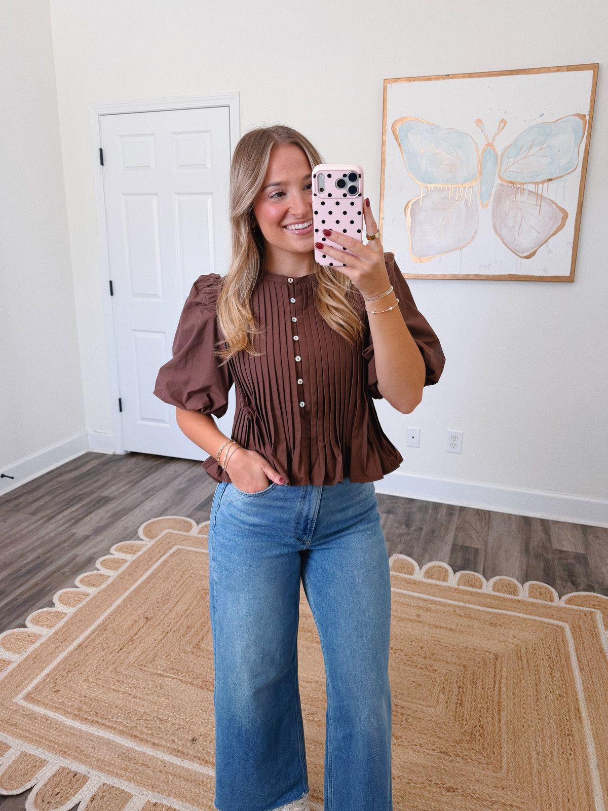 Brown Pleated Peplum Blouse