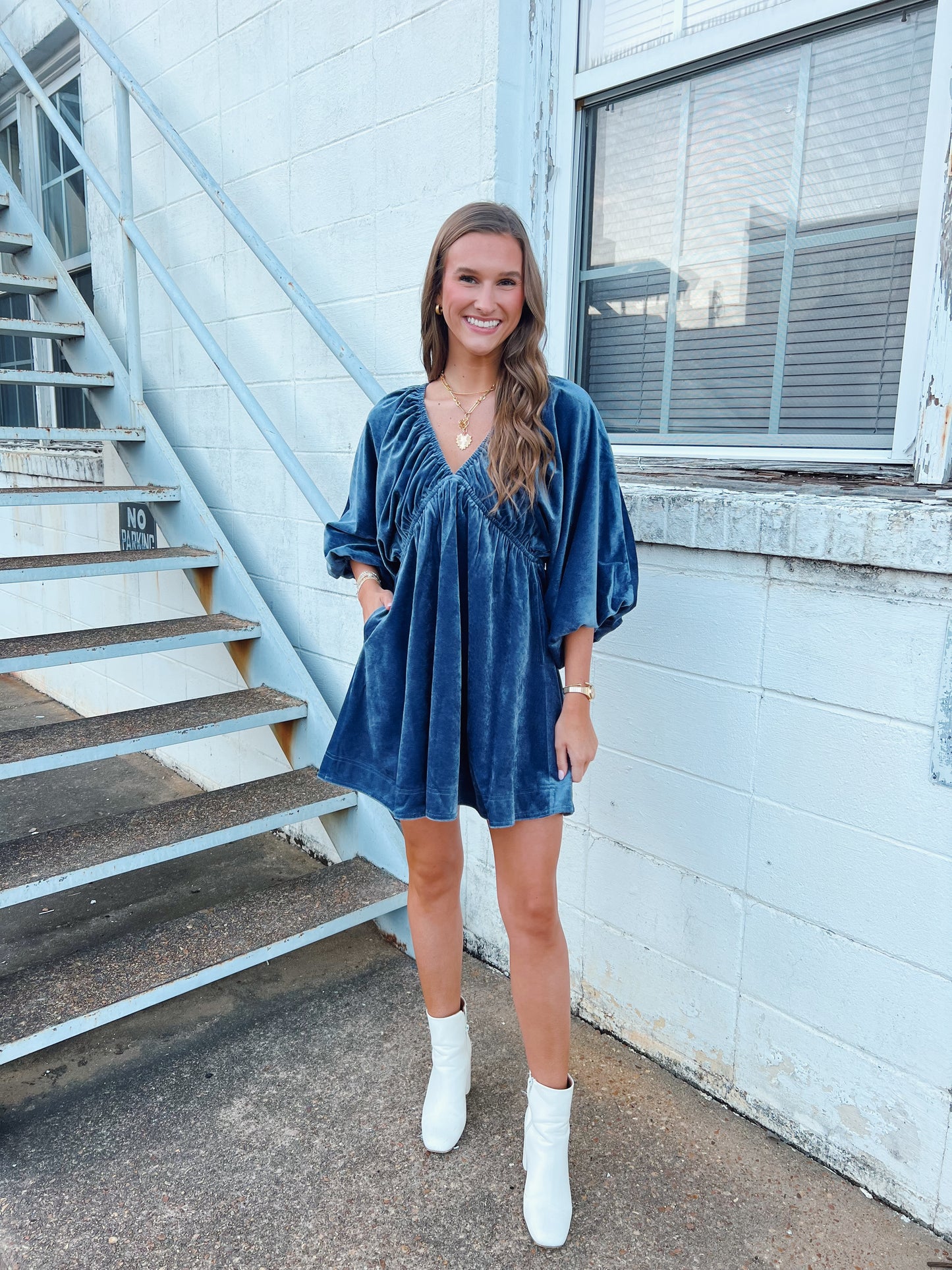 Velvet V-Neck Dress in Slate