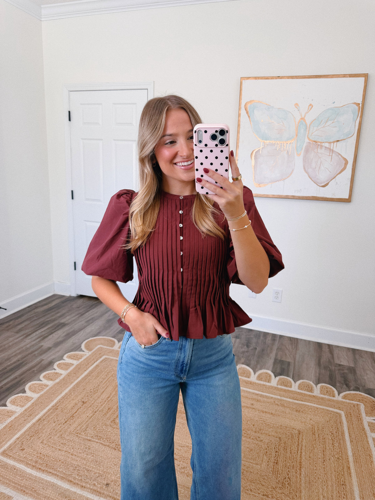 Burgundy Pleated Peplum Blouse