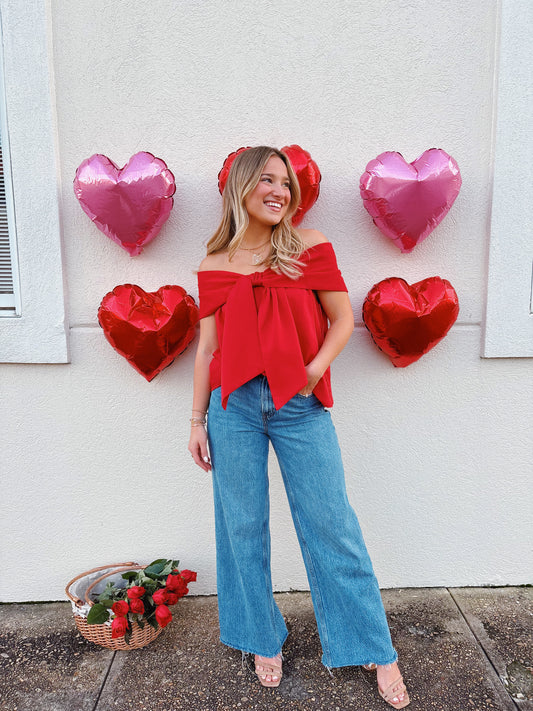 Red Off The Shoulder Bow Top PREORDER *1/2 WEEK RESTOCK*