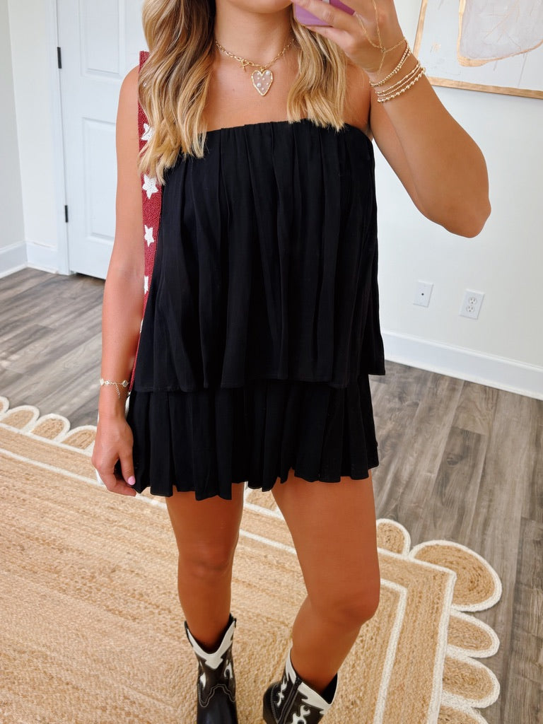 Black Pleated Strapless Romper