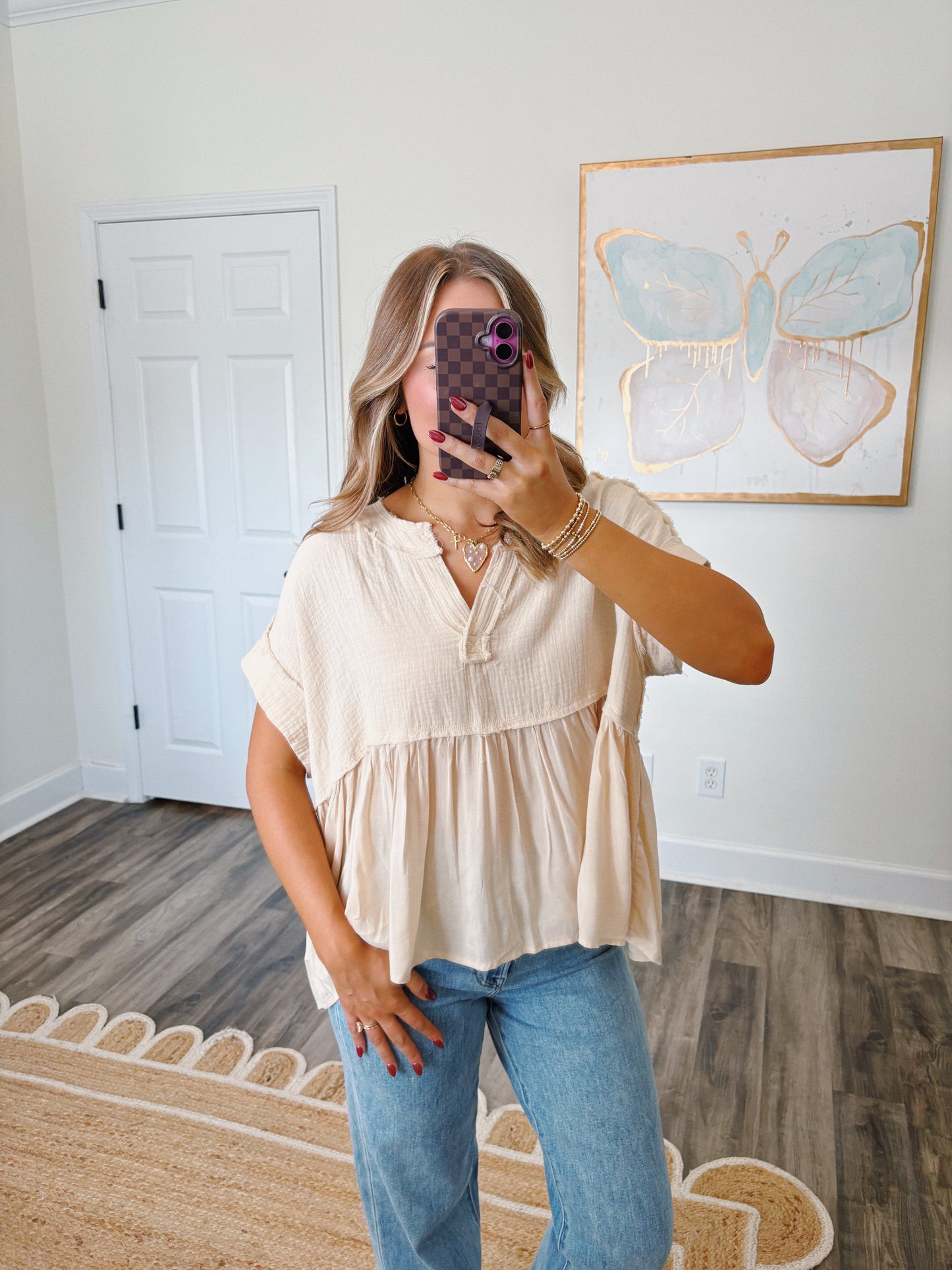 Cream Gauze Flowy Top