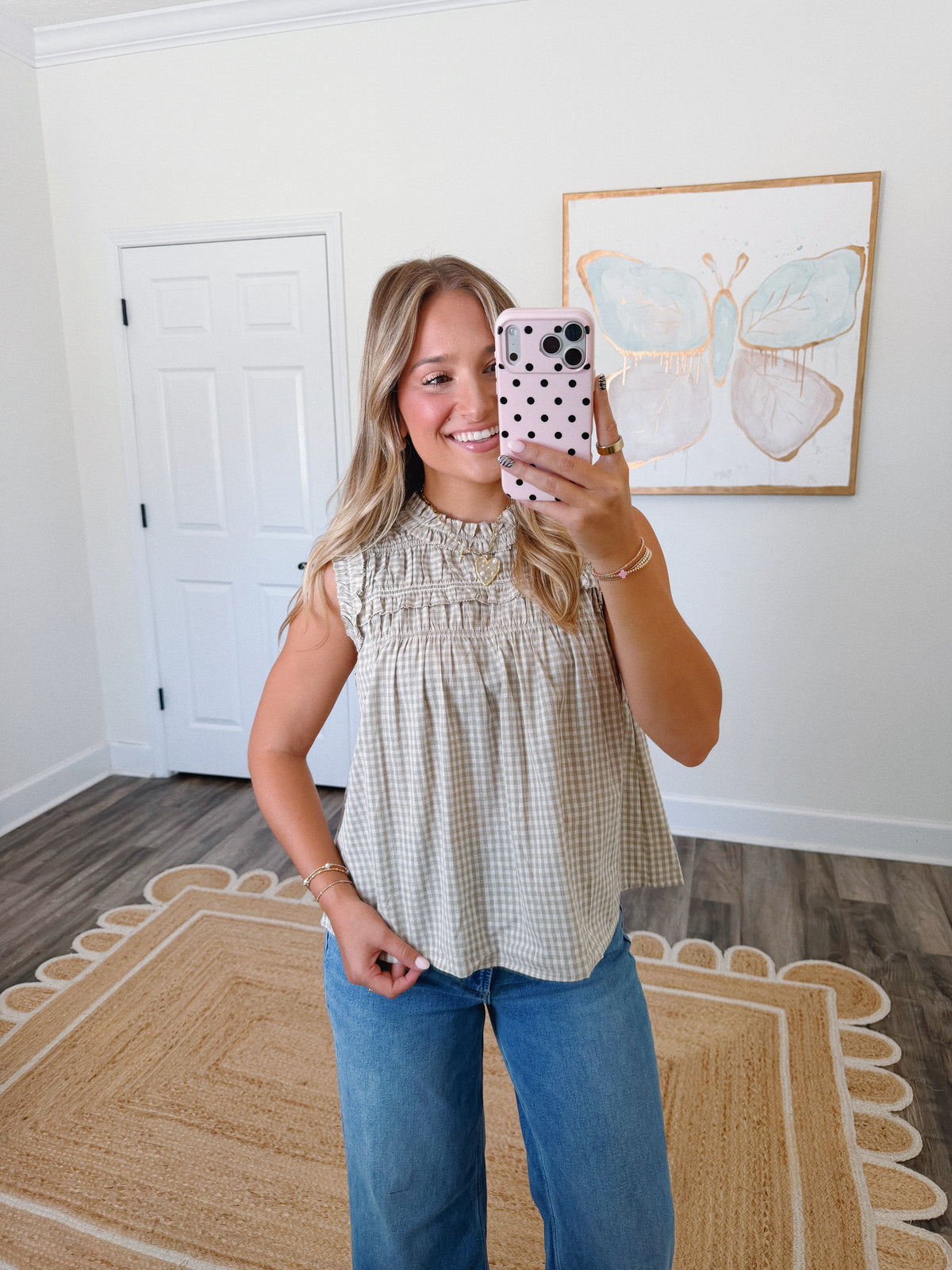 Beige Gingham Ruffle Blouse