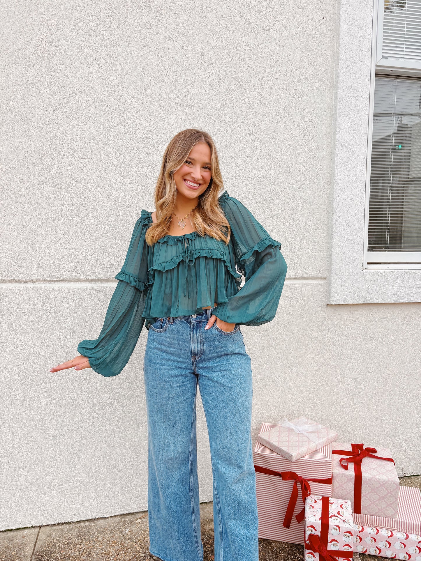 Dark Green Sheer Ruffle Blouse