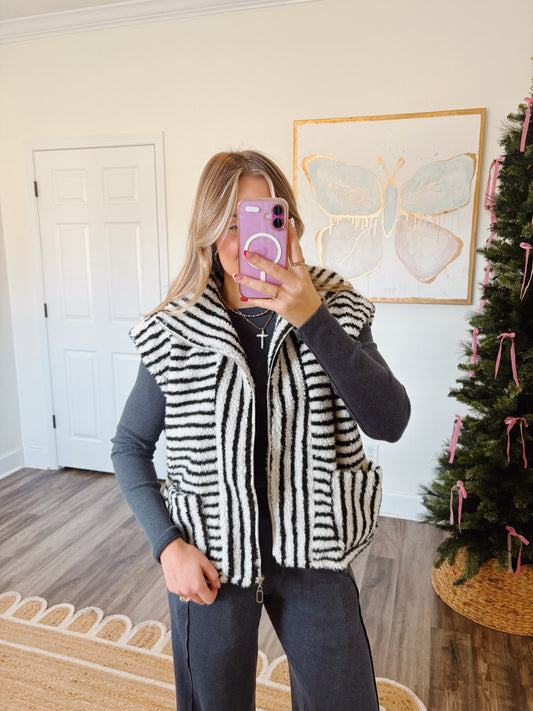 Black Striped Sherpa Vest