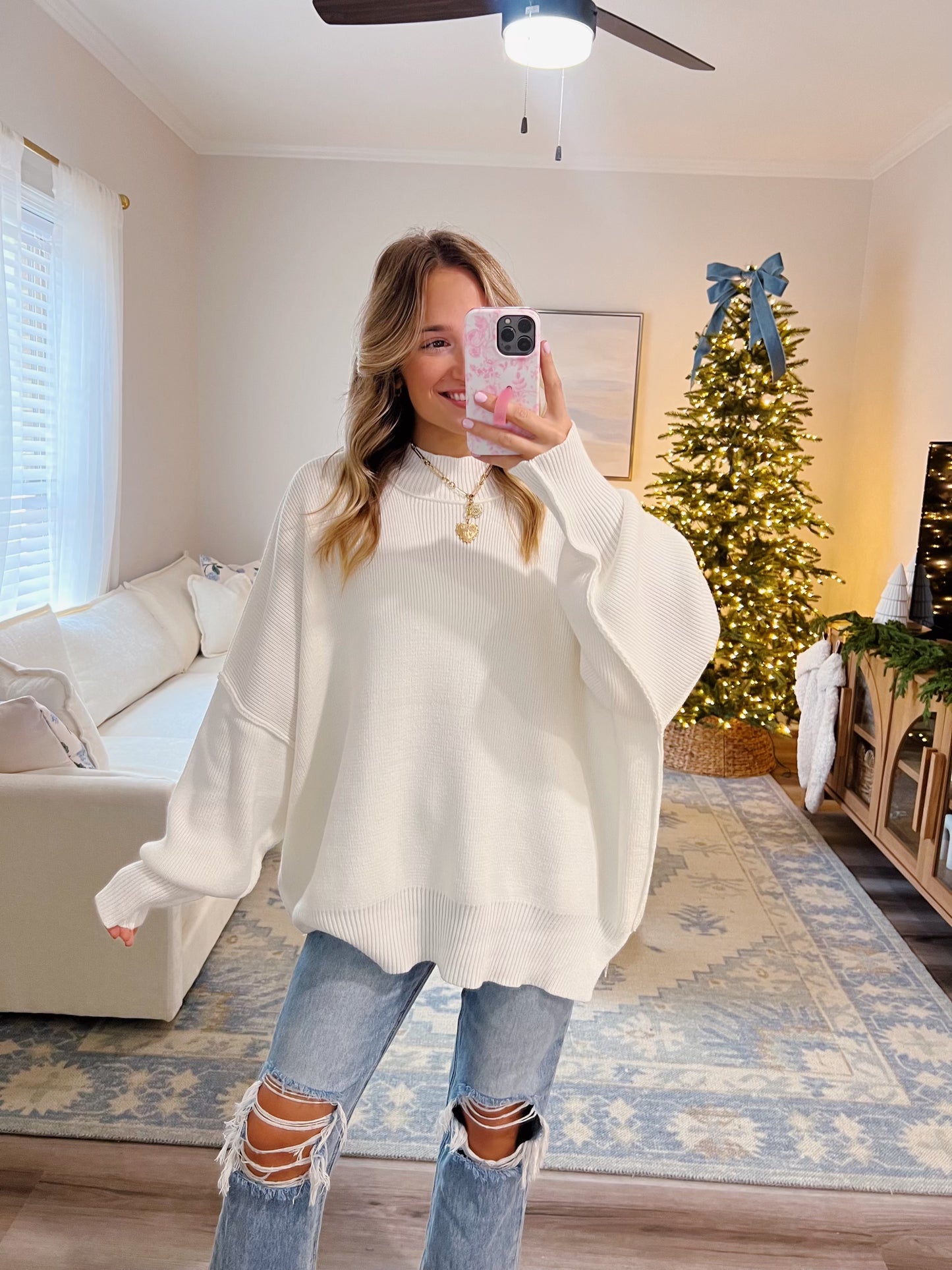 Side Slit Oversized Sweater in White