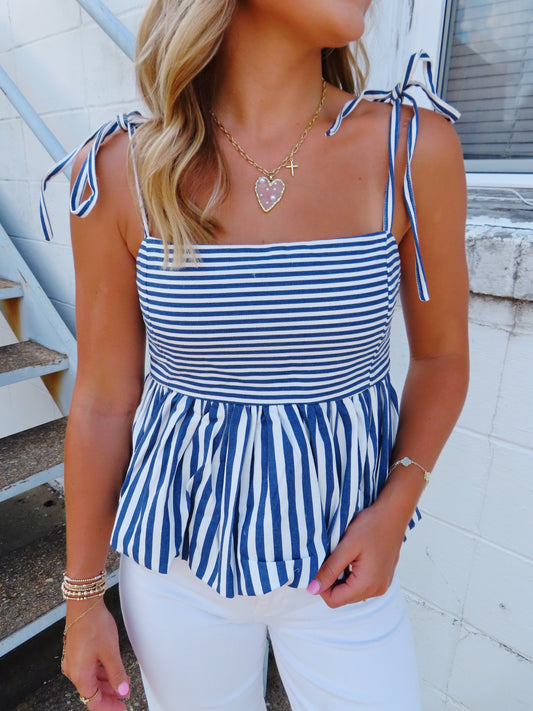 Navy Striped Smocked Top