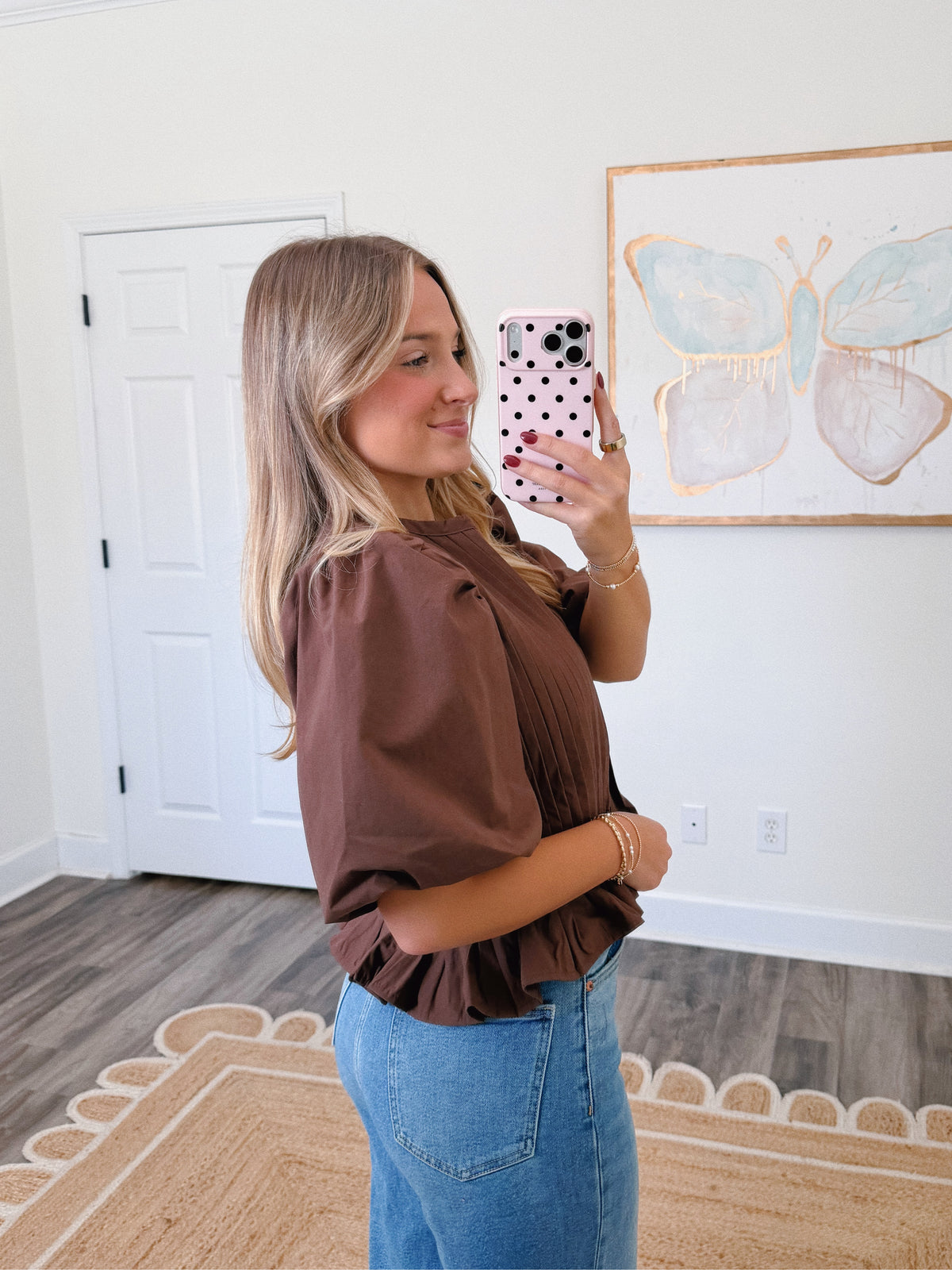 Brown Pleated Peplum Blouse