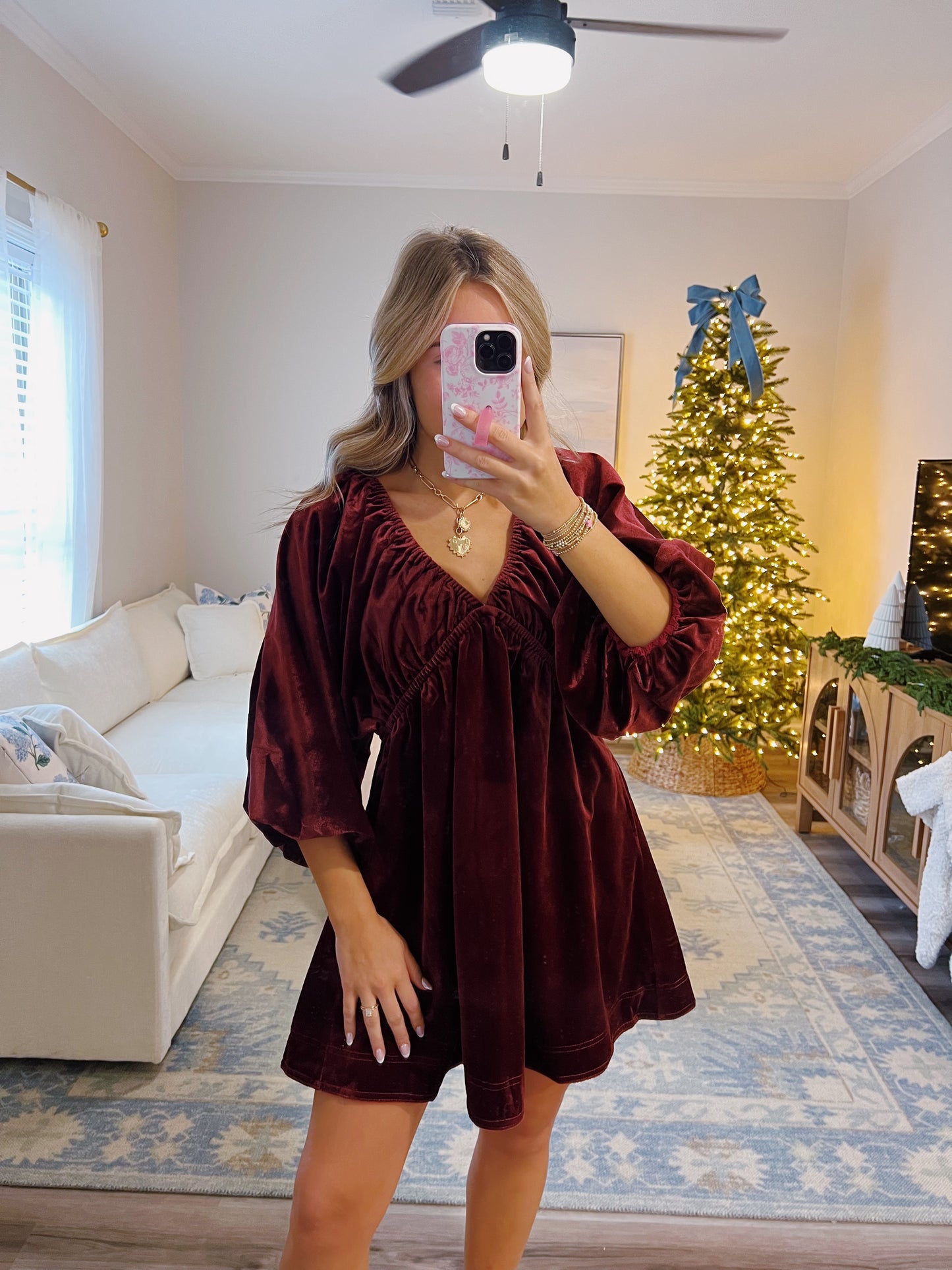 Velvet V-Neck Dress in Burgundy