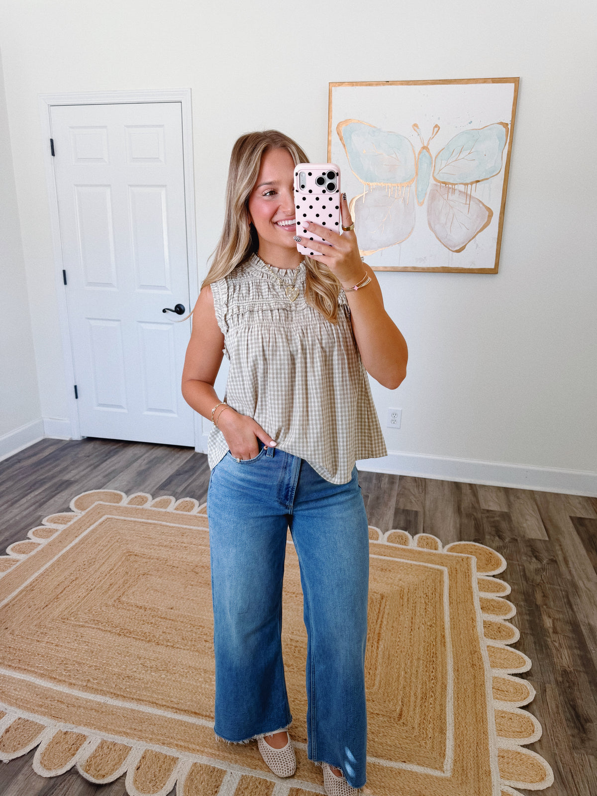 Beige Gingham Ruffle Blouse