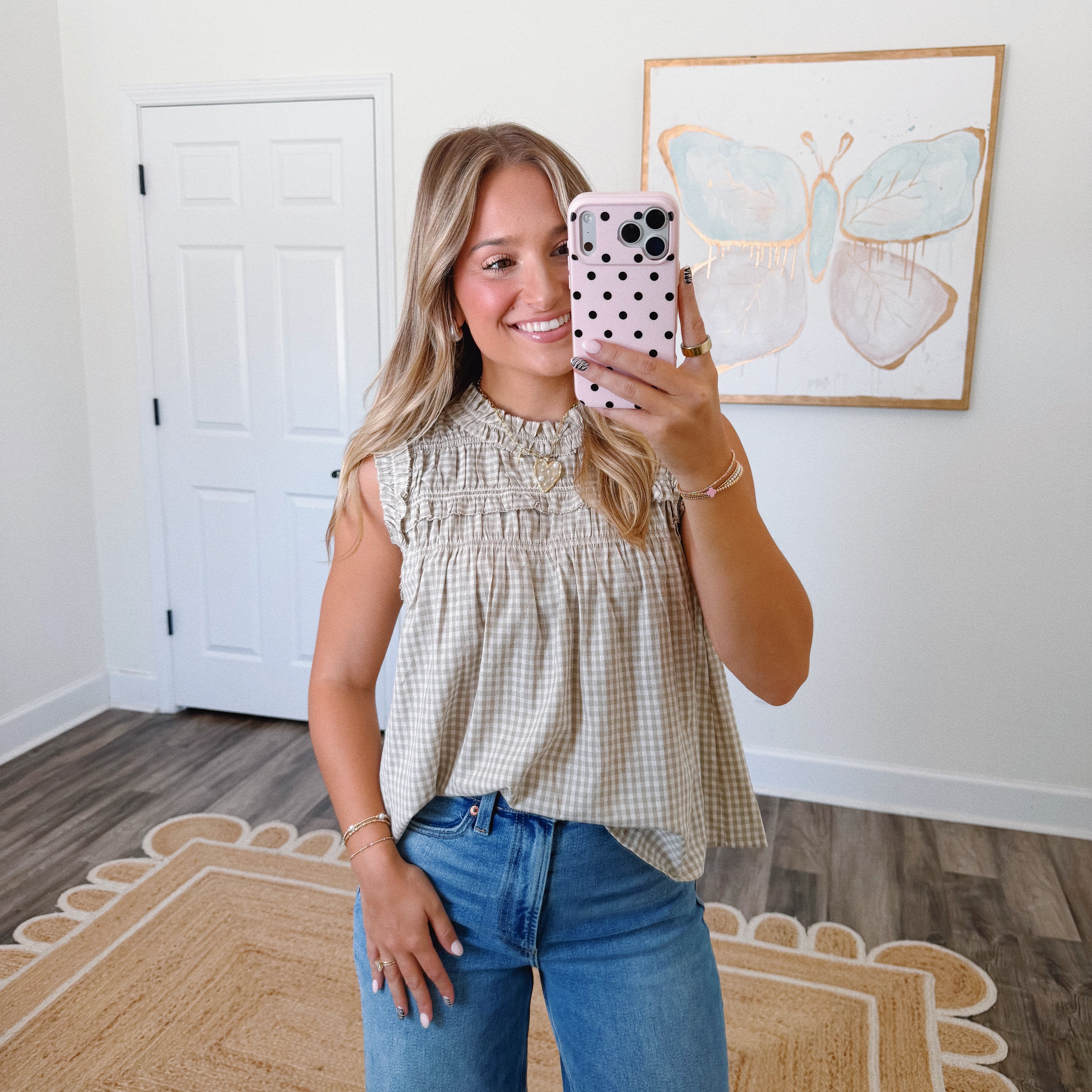 Beige Gingham Ruffle Blouse