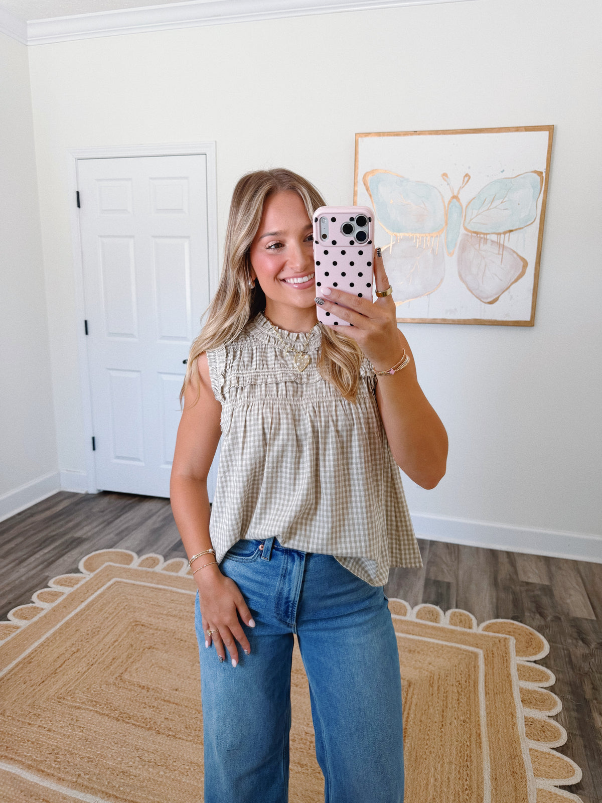 Beige Gingham Ruffle Blouse