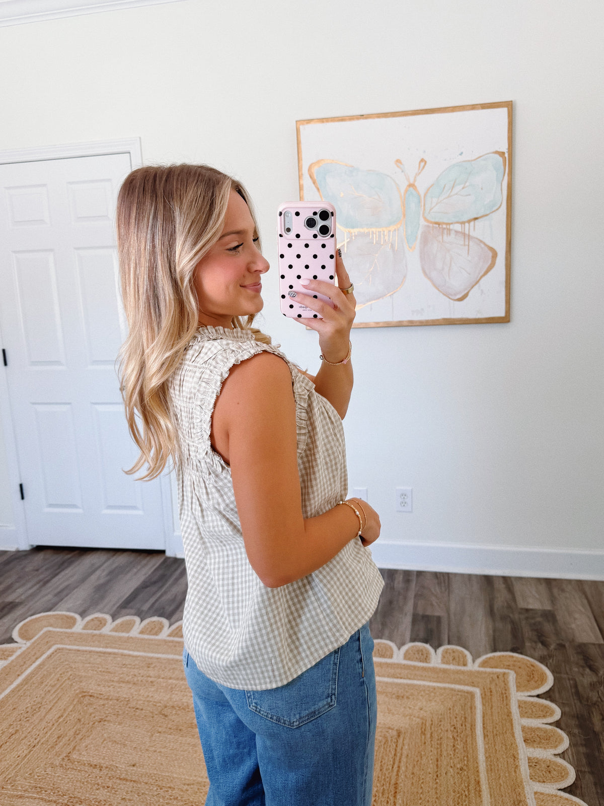 Beige Gingham Ruffle Blouse