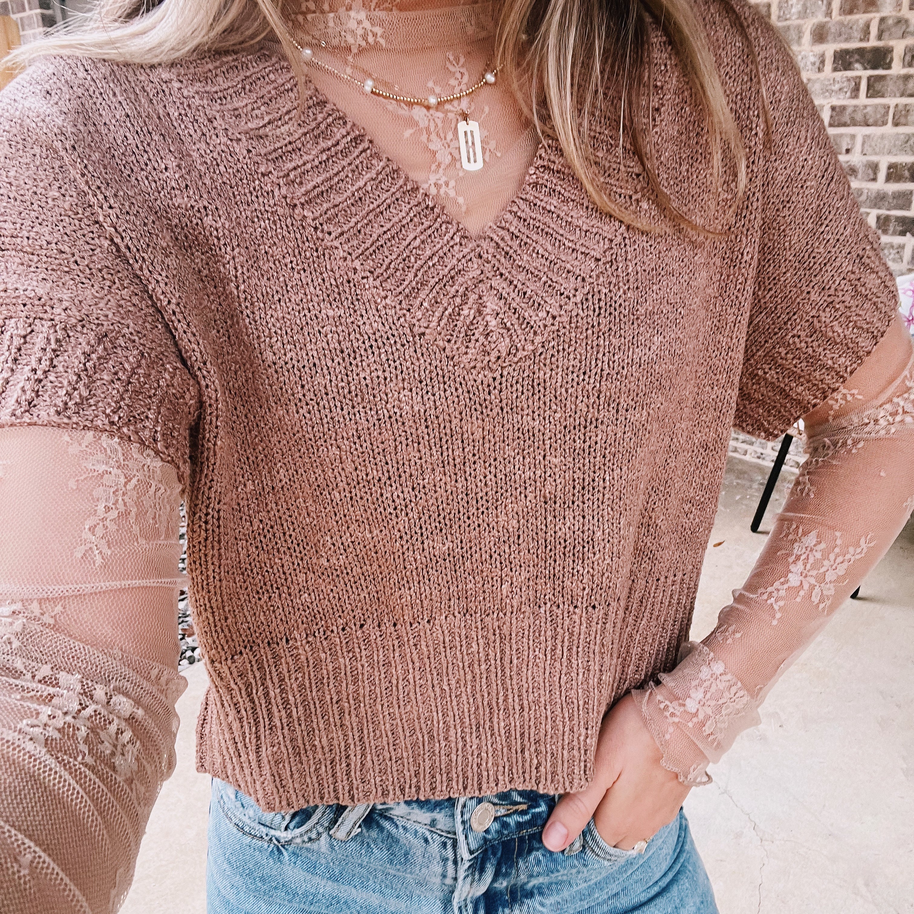 Lacy Long Sleeve Top in Taupe