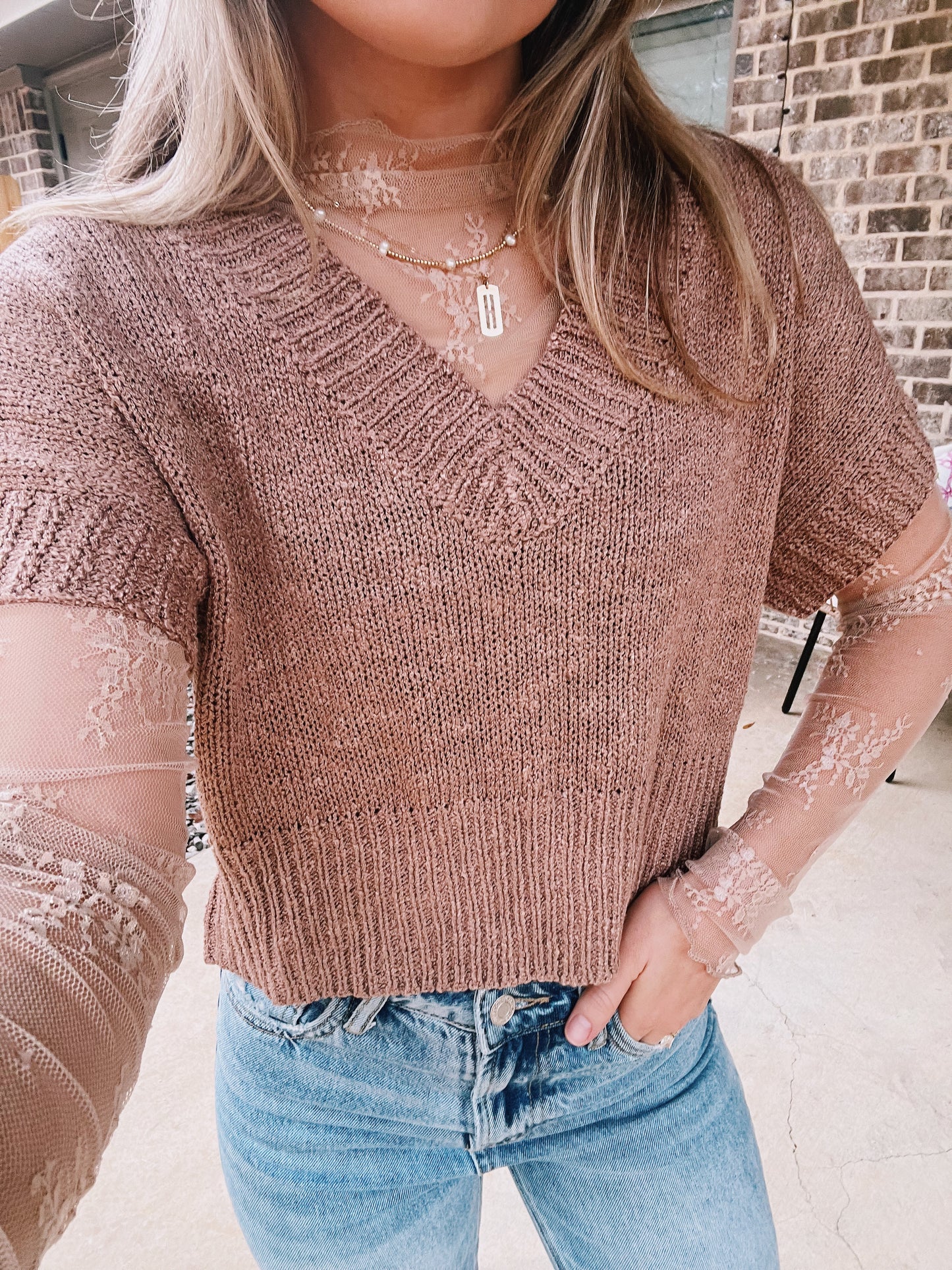 Lacy Long Sleeve Top in Taupe