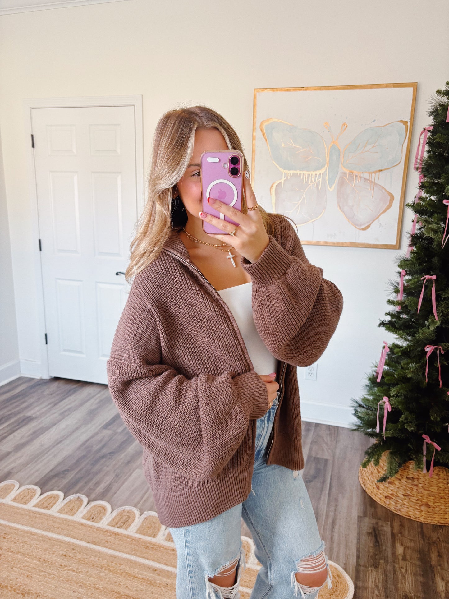 Brown Oversized Zip Up Sweater