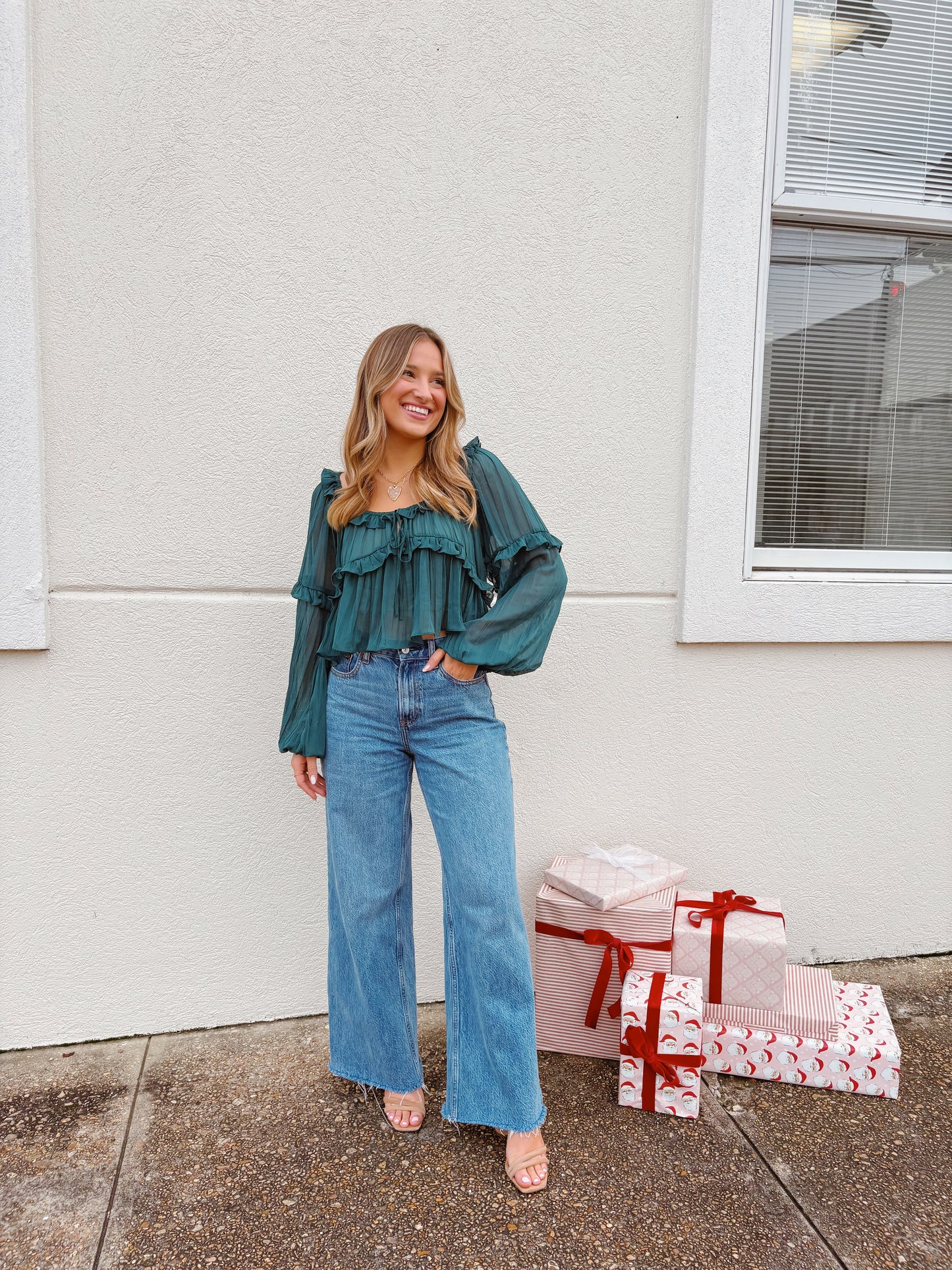 Dark Green Sheer Ruffle Blouse