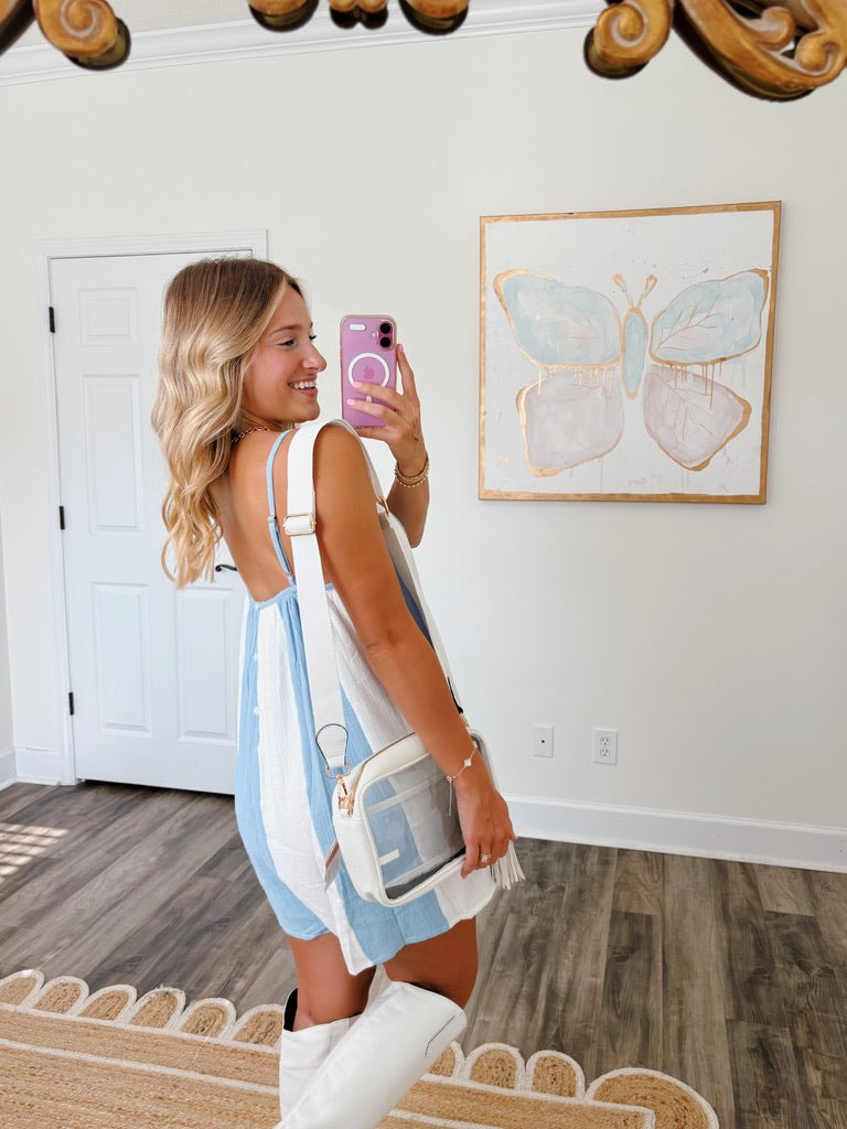 Striped Varsity Romper- Blue and White