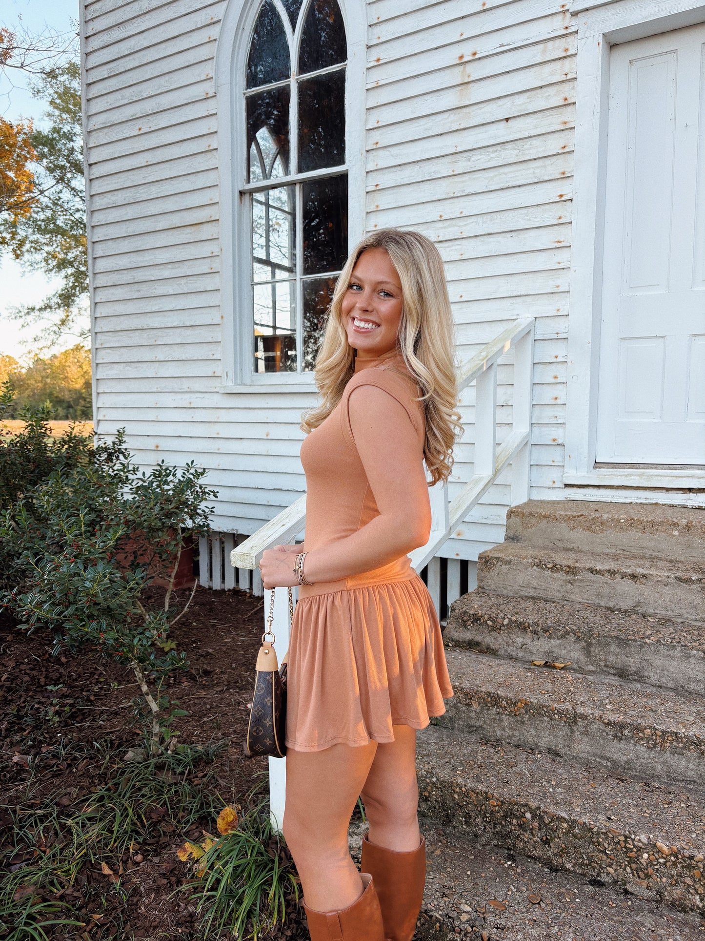 Camel Mockneck Mini Dress