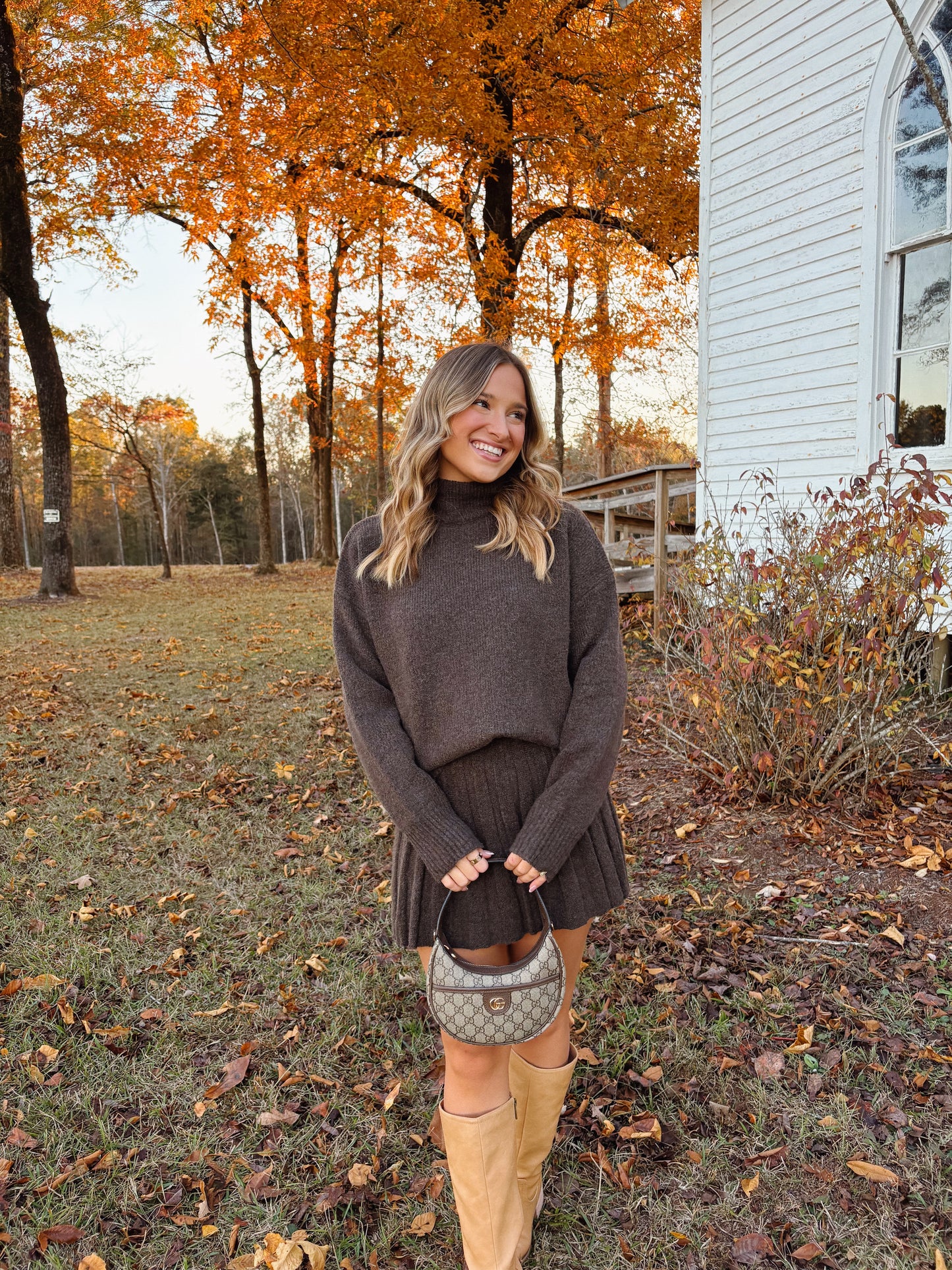 Pleated Skirt Set in Brown