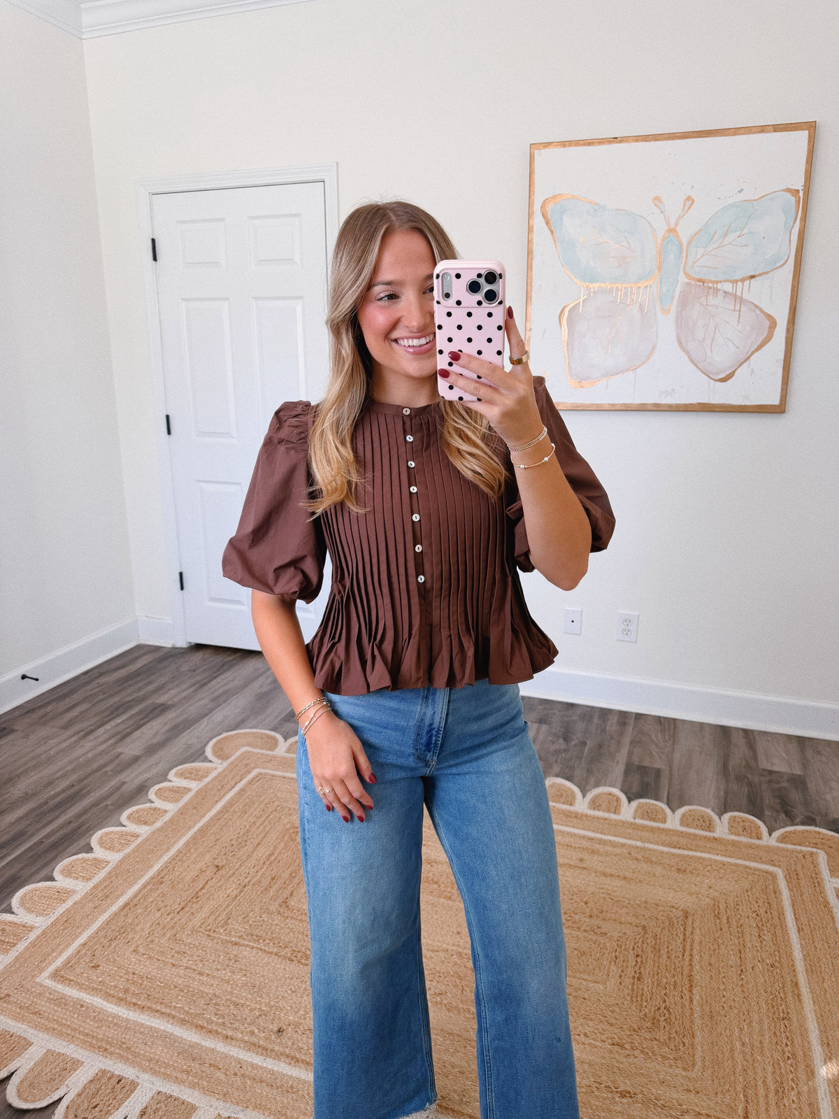 Brown Pleated Peplum Blouse