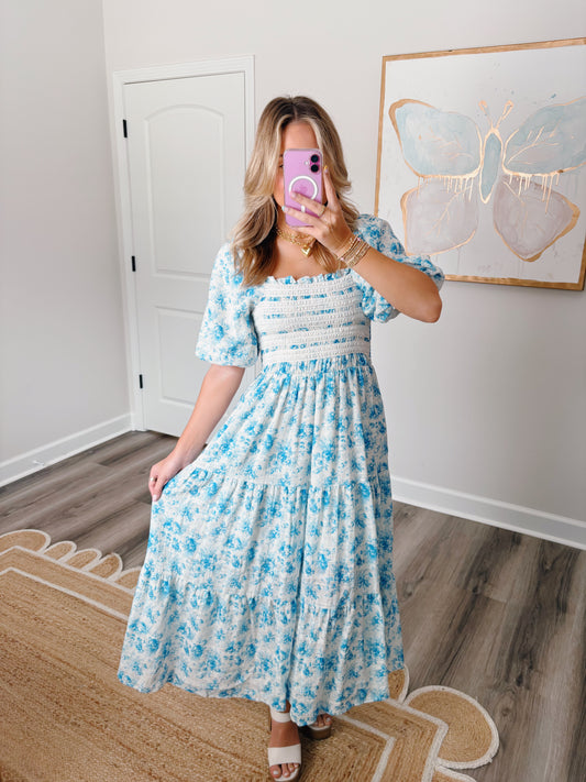 Smocked Lace Maxi Dress Blue