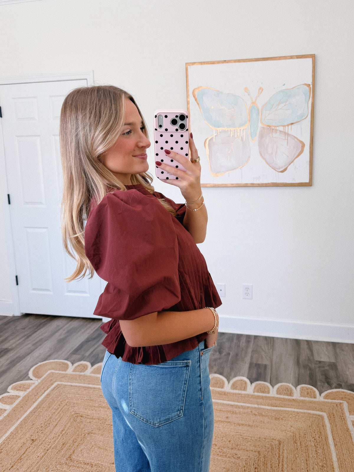 Burgundy Pleated Peplum Blouse