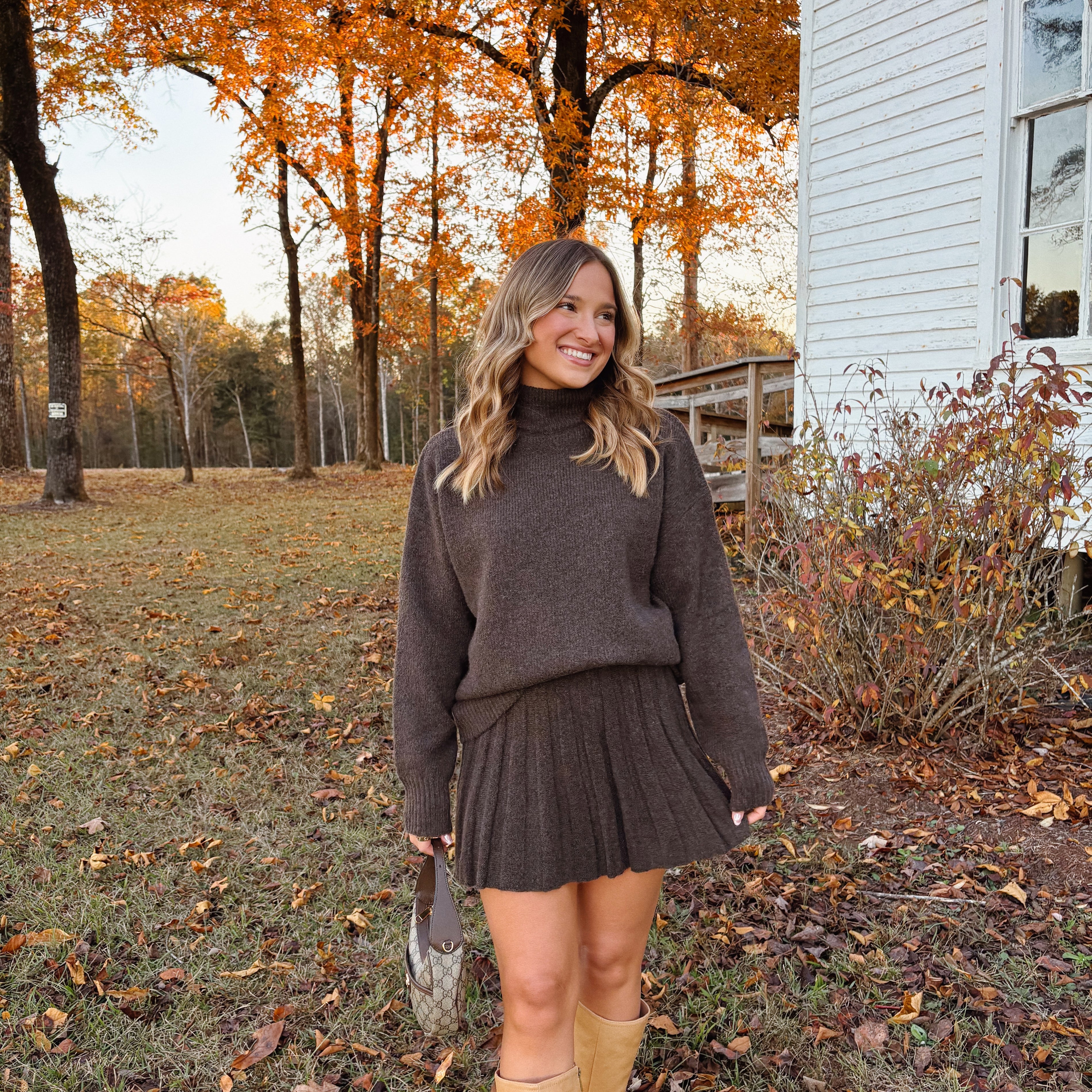 Pleated Skirt Set in Brown