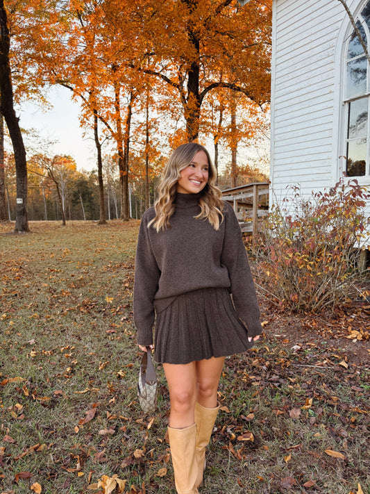 Pleated Skirt Set in Brown