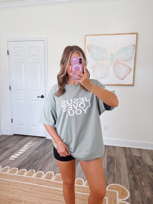Jesus Loves You Tee in Sage