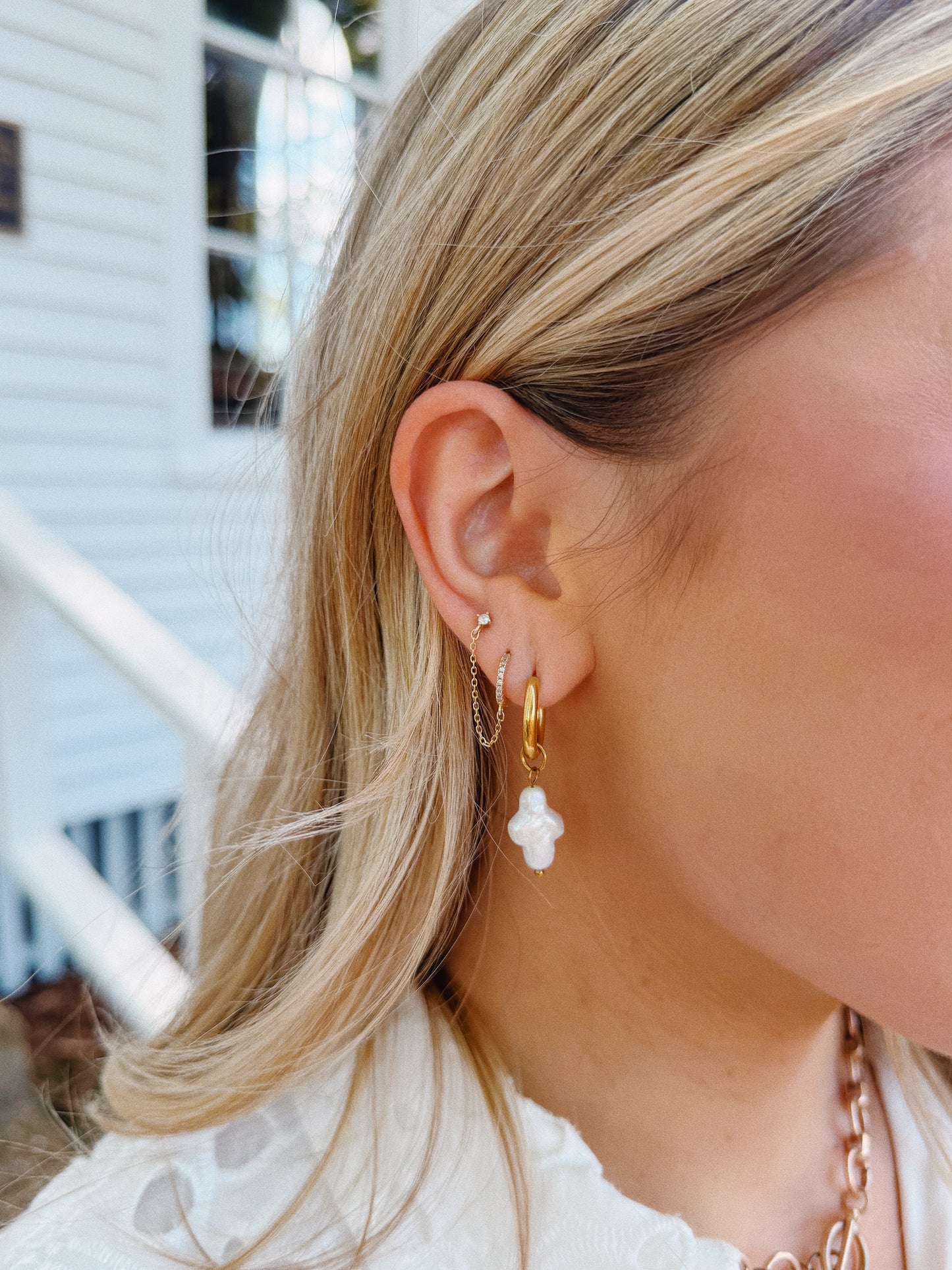 Mini Pearl Cross Hoops