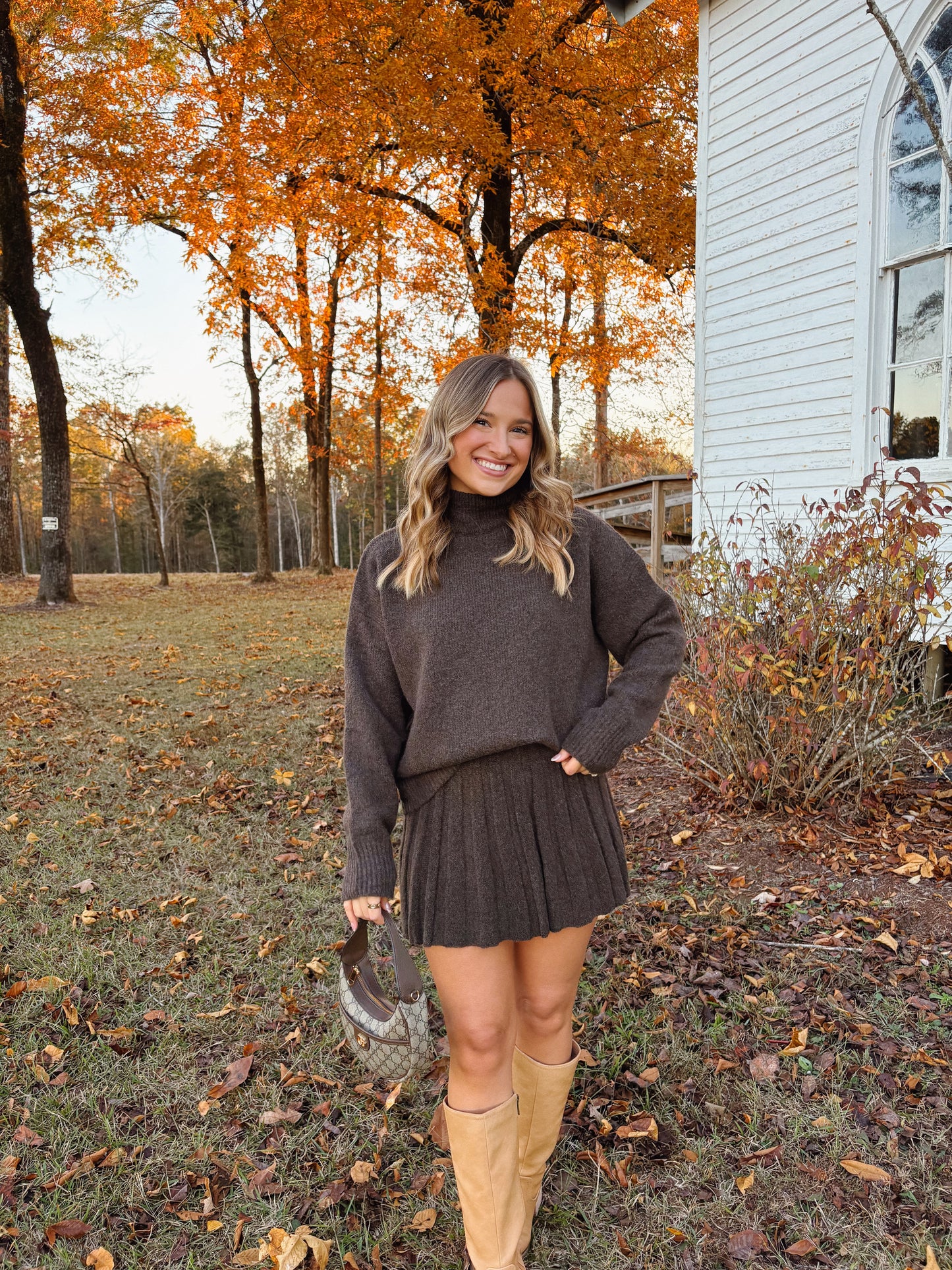 Pleated Skirt Set in Brown