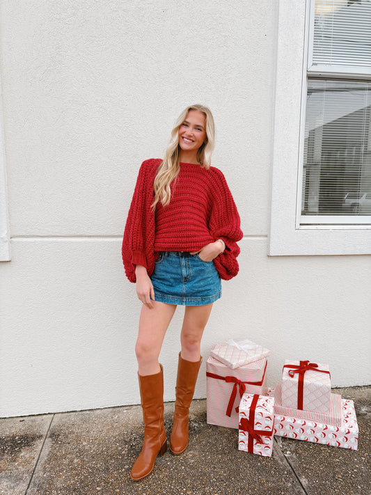 Chunky Knit Reversible Sweater Red