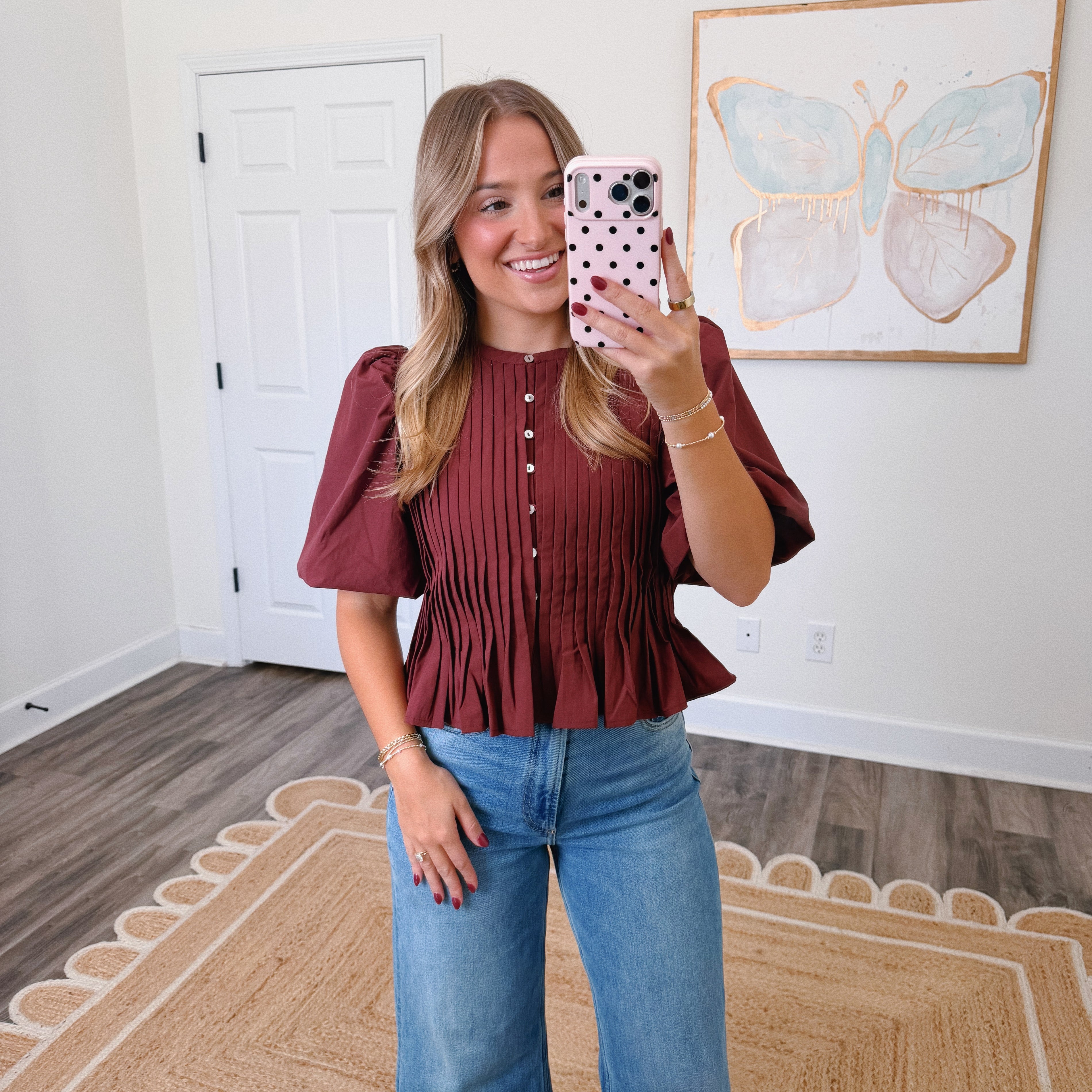 Burgundy Pleated Peplum Blouse